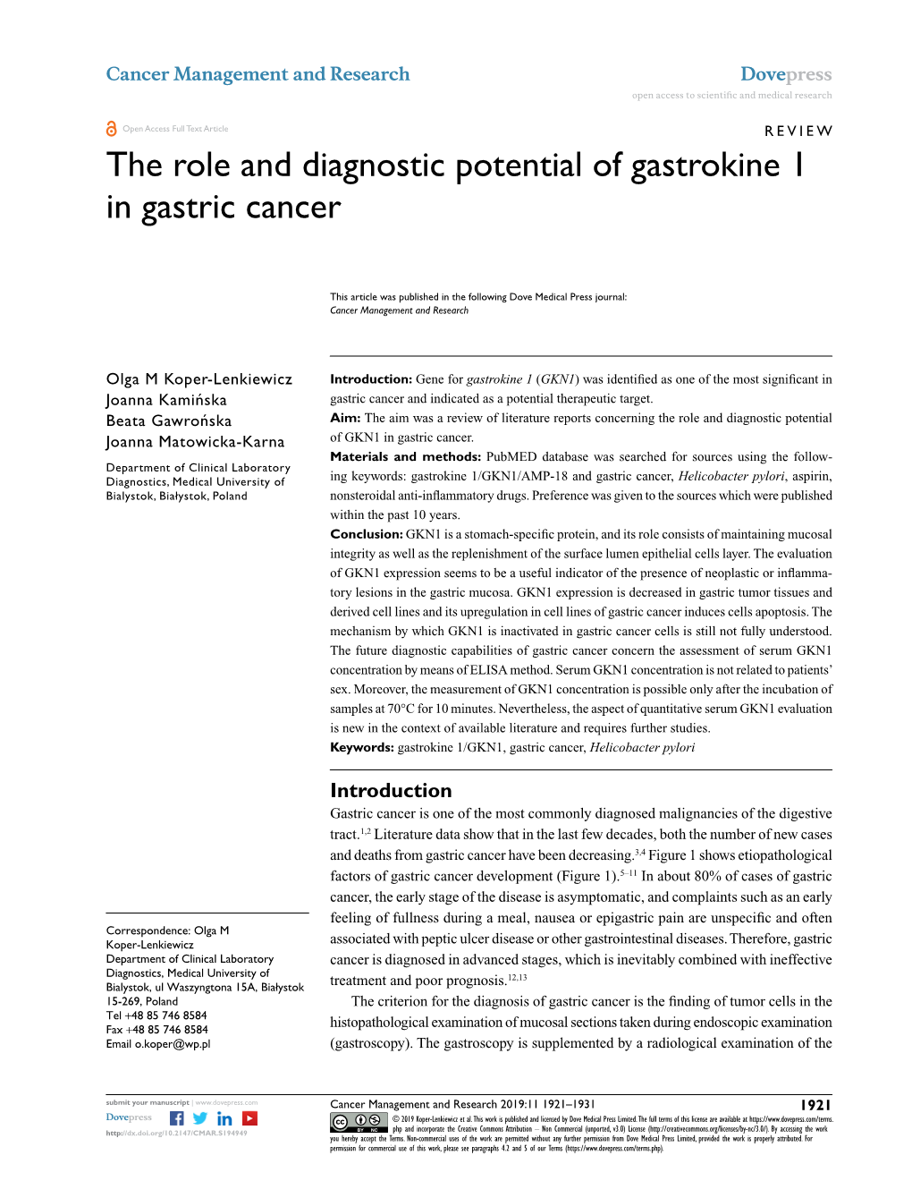 The Role and Diagnostic Potential of Gastrokine 1 in Gastric Cancer