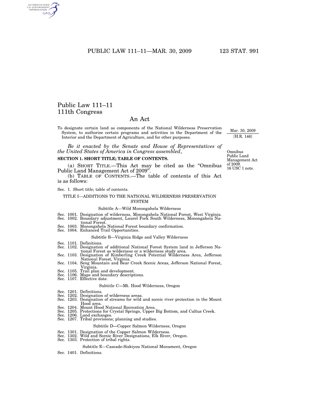 Public Law 111–11 111Th Congress An