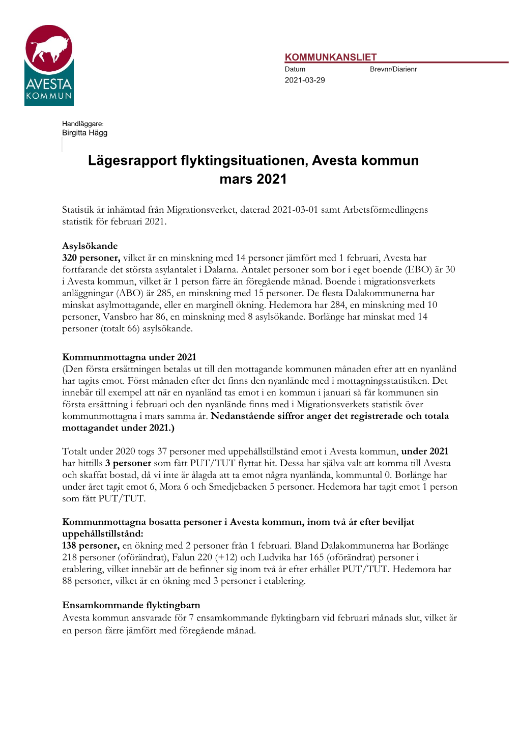 Lägesrapport Flyktingsituationen, Avesta Kommun Mars 2021