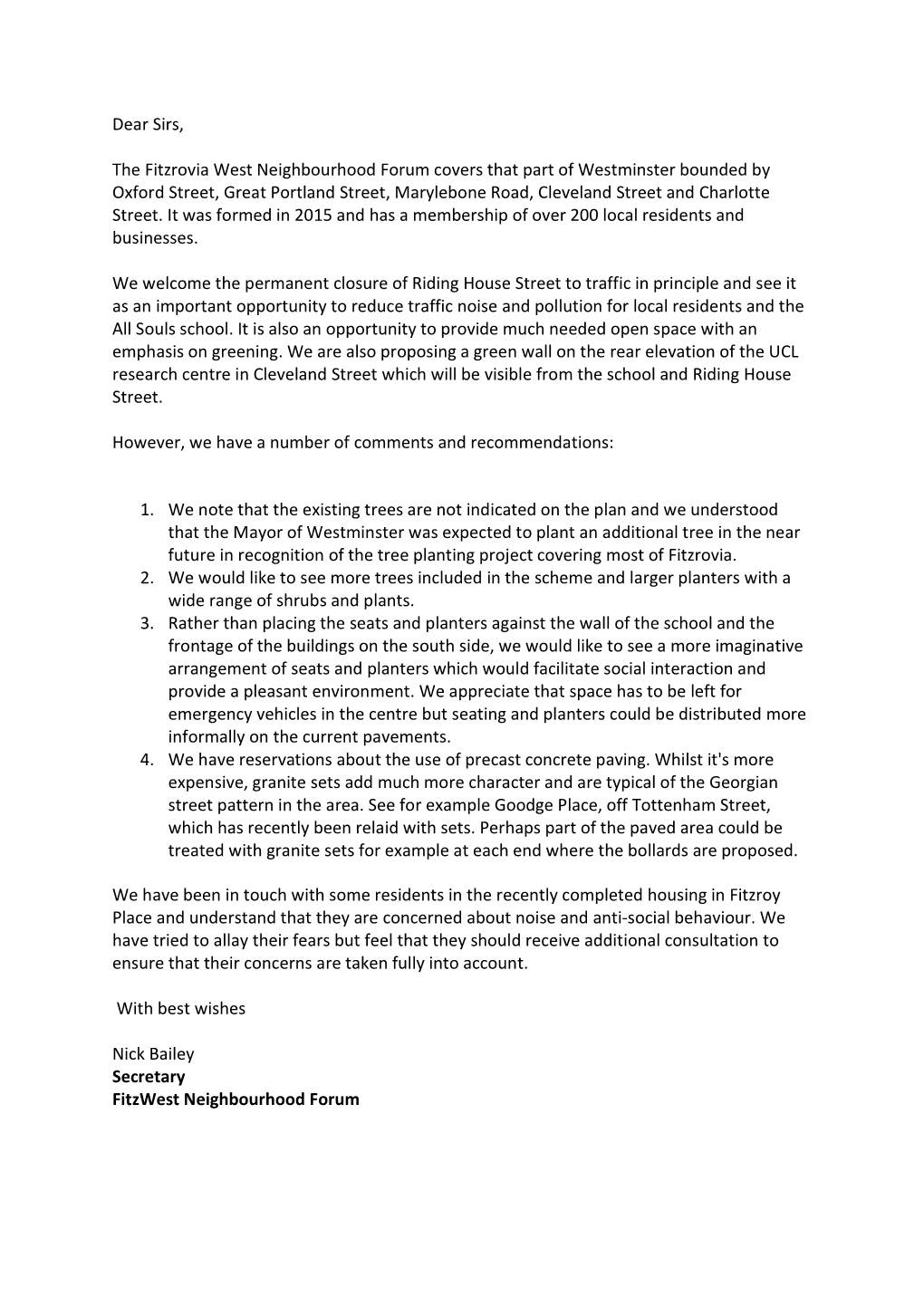 Fitzwest Forum Letter to Westminster City Council