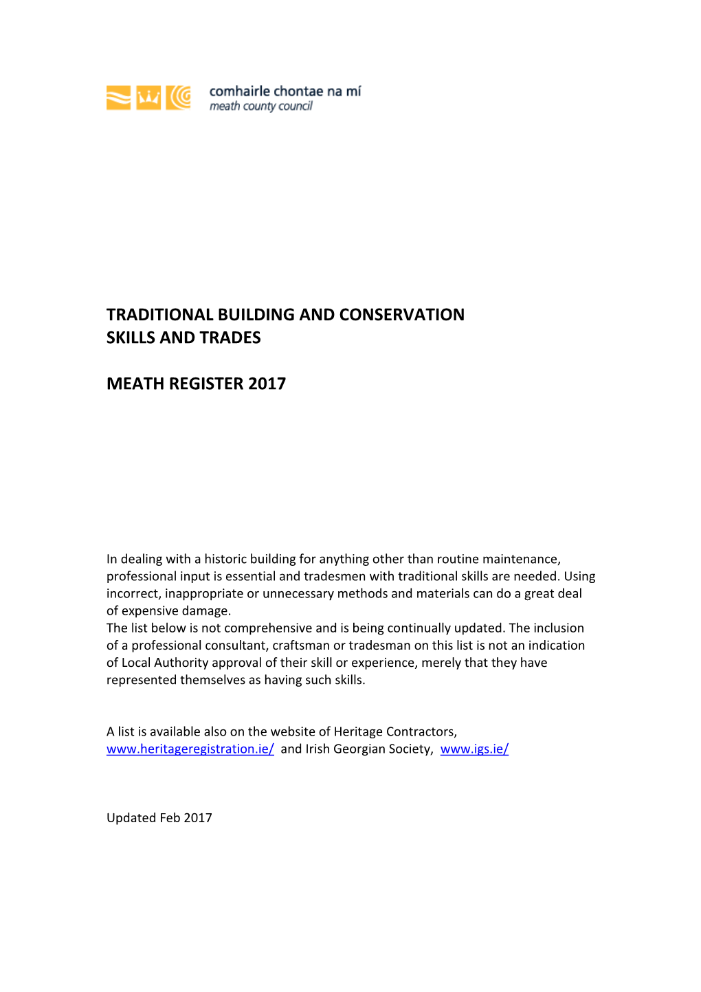 Traditional Building and Conservation Skills and Trades Meath Register 2017
