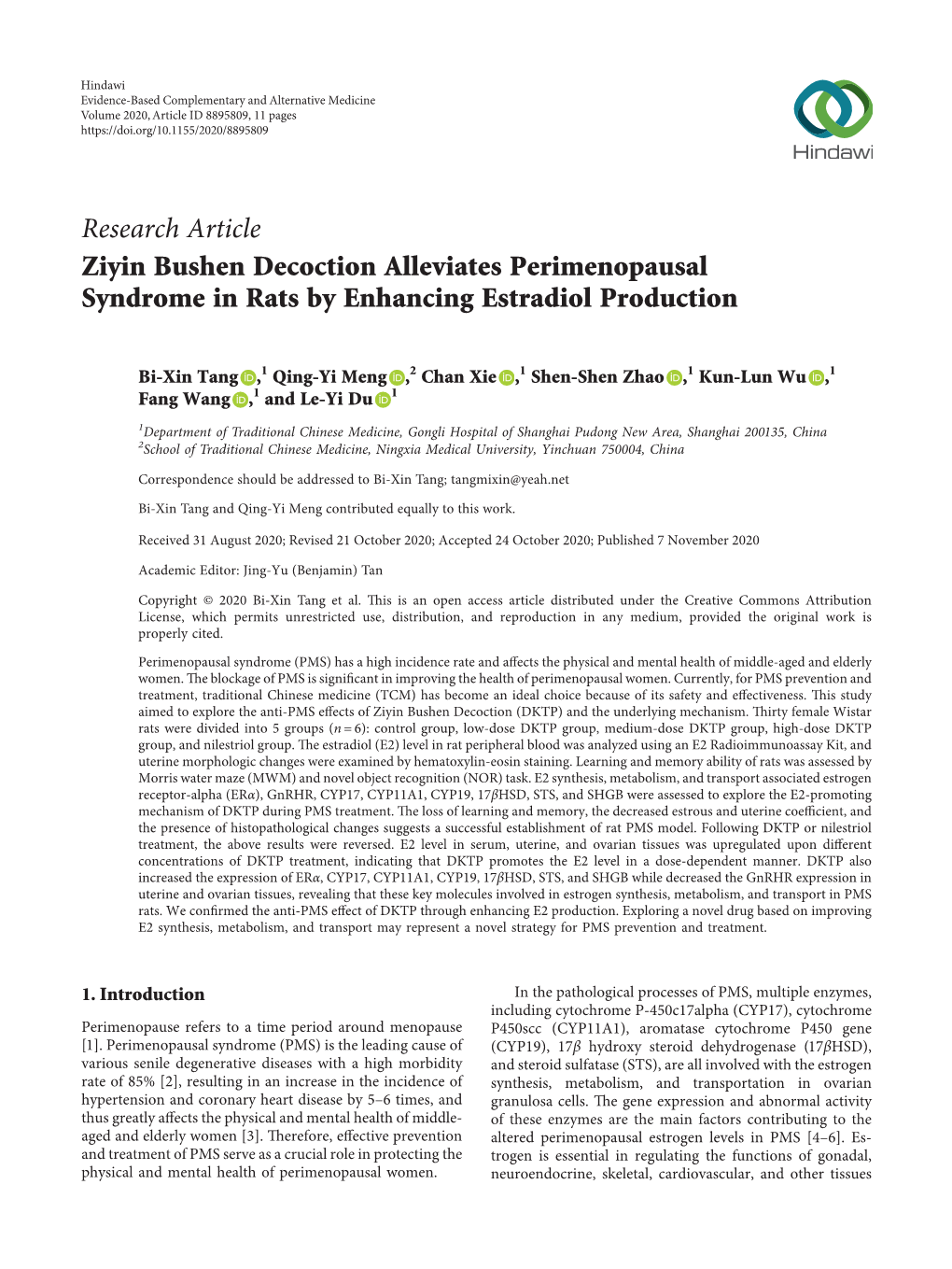 Ziyin Bushen Decoction Alleviates Perimenopausal Syndrome in Rats by Enhancing Estradiol Production