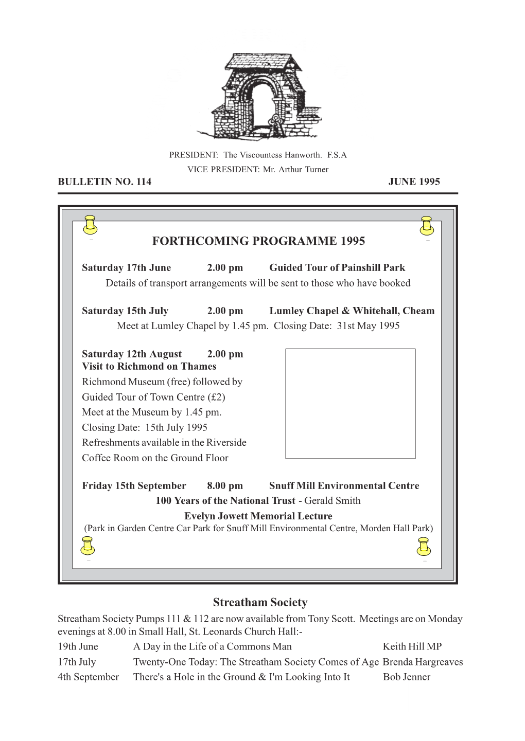 Streatham Society FORTHCOMING PROGRAMME 1995