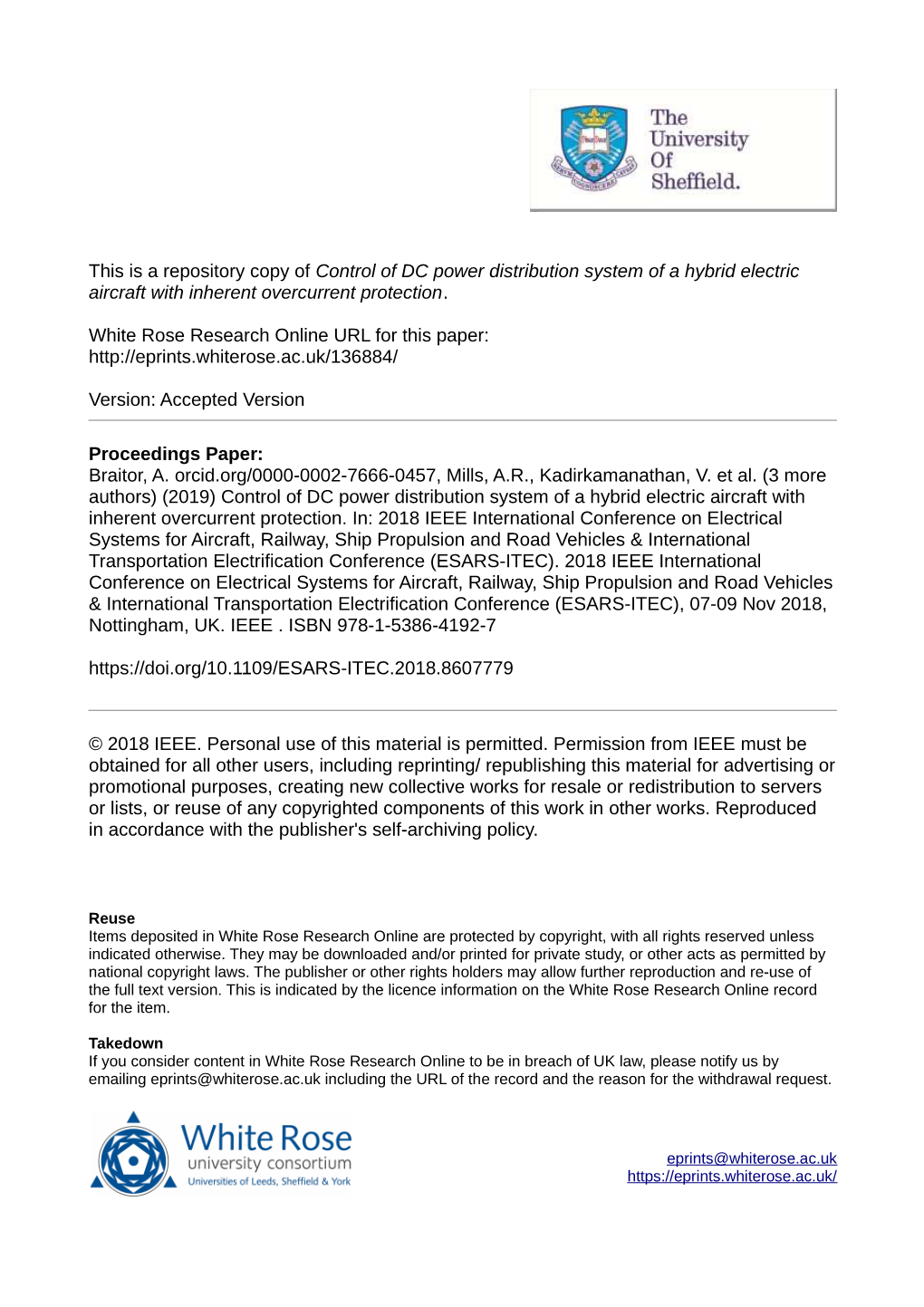 Control of DC Power Distribution System of a Hybrid Electric Aircraft with Inherent Overcurrent Protection