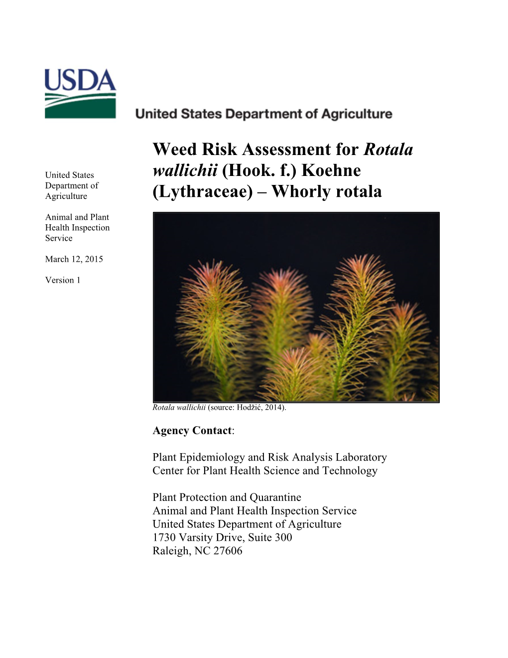 Weed Risk Assessment for Rotala Wallichii (Hook. F.) Koehne (Lythraceae)