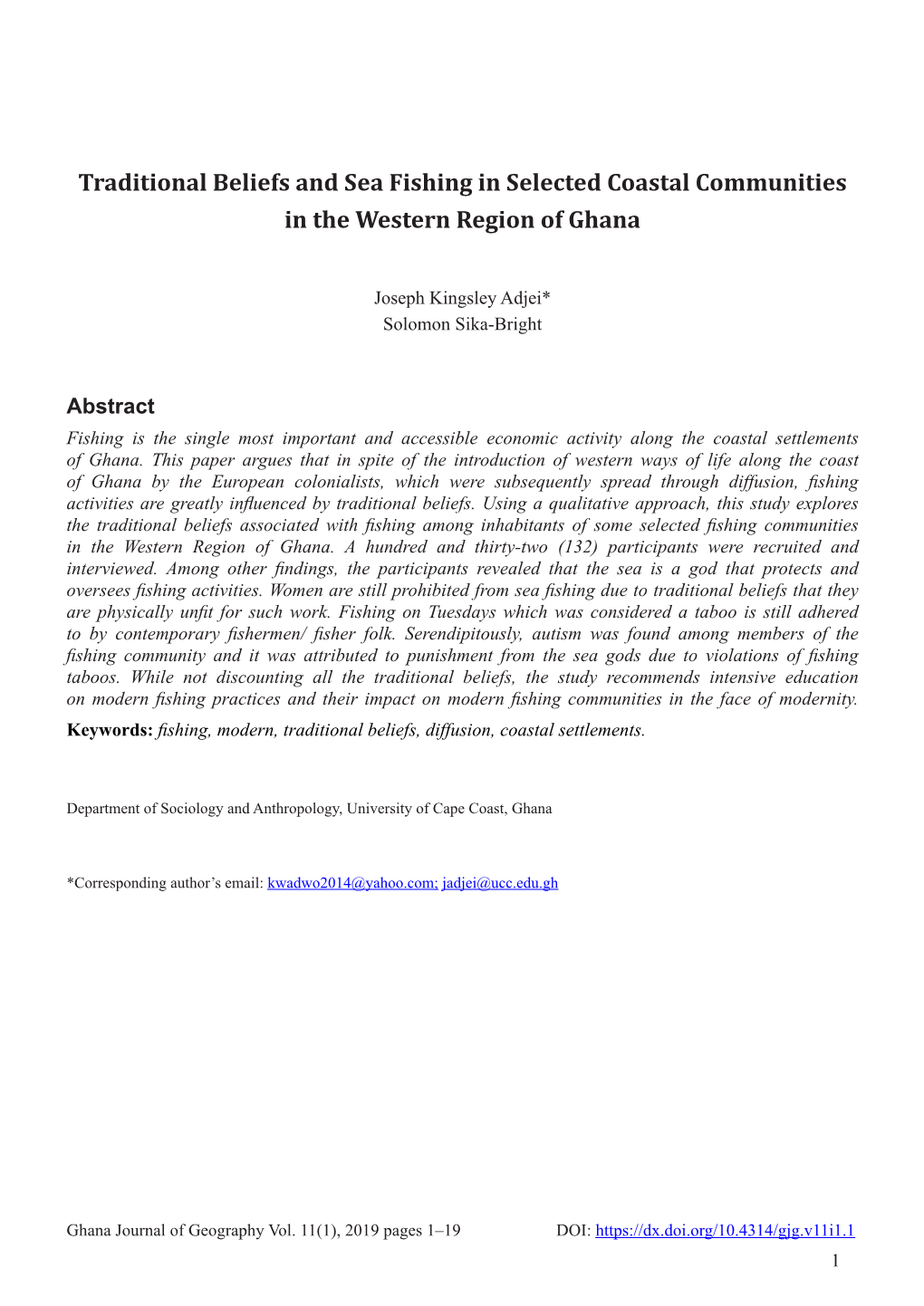 Traditional Beliefs and Sea Fishing in Selected Coastal Communities in the Western Region of Ghana