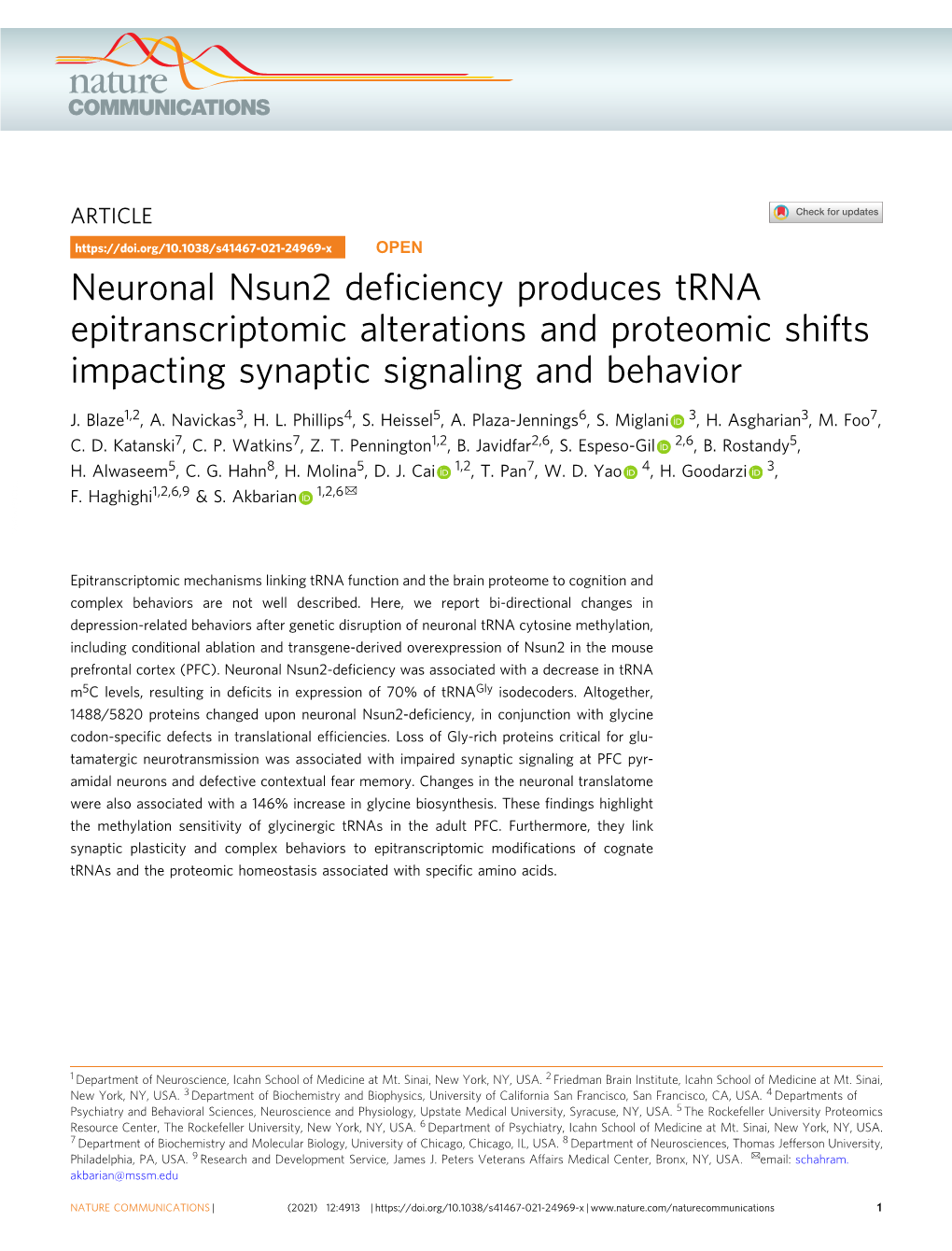 Neuronal Nsun2 Deficiency Produces Trna Epitranscriptomic Alterations and Proteomic Shifts Impacting Synaptic Signaling and Beha