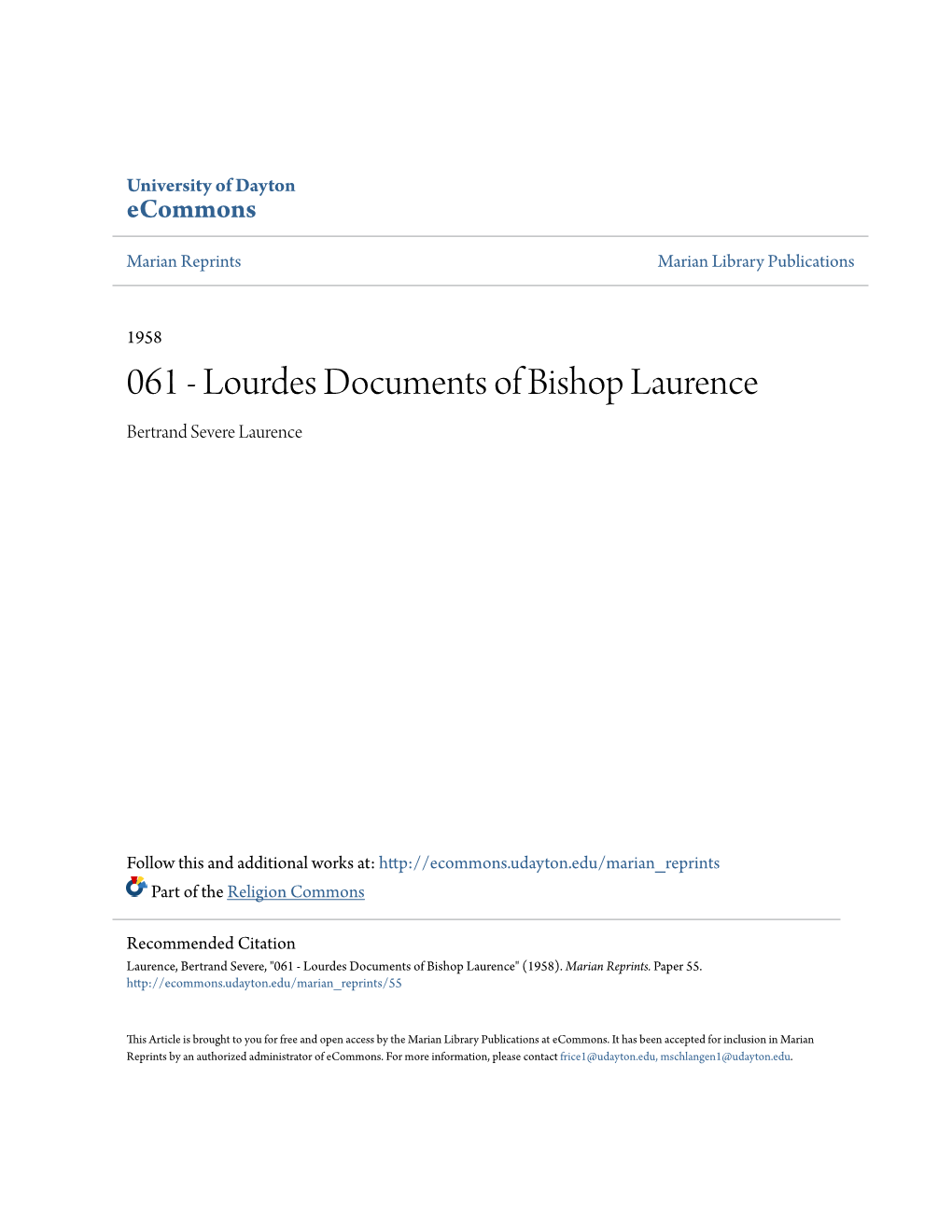 Lourdes Documents of Bishop Laurence Bertrand Severe Laurence