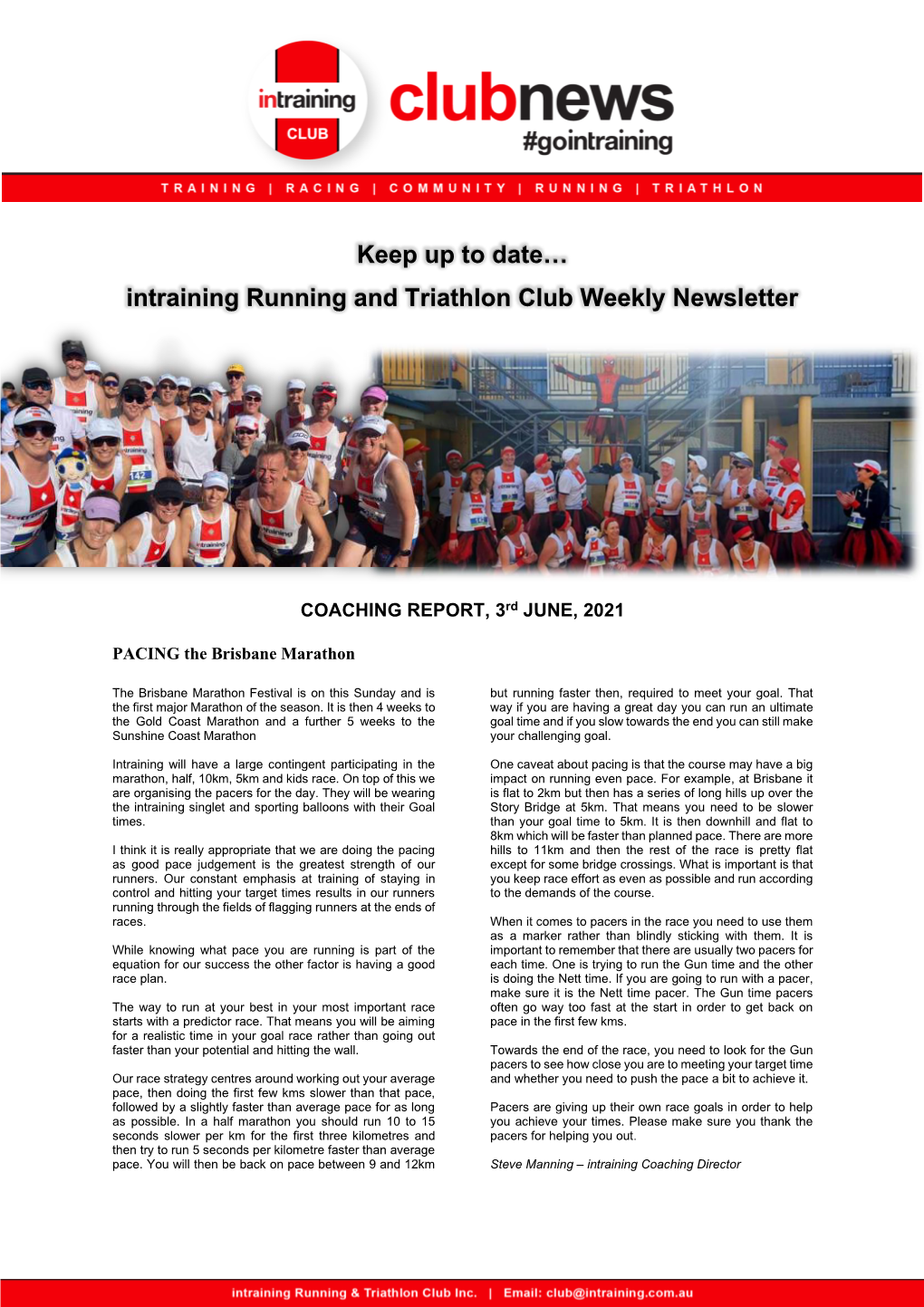 Keep up to Date… Intraining Running and Triathlon Club Weekly Newsletter