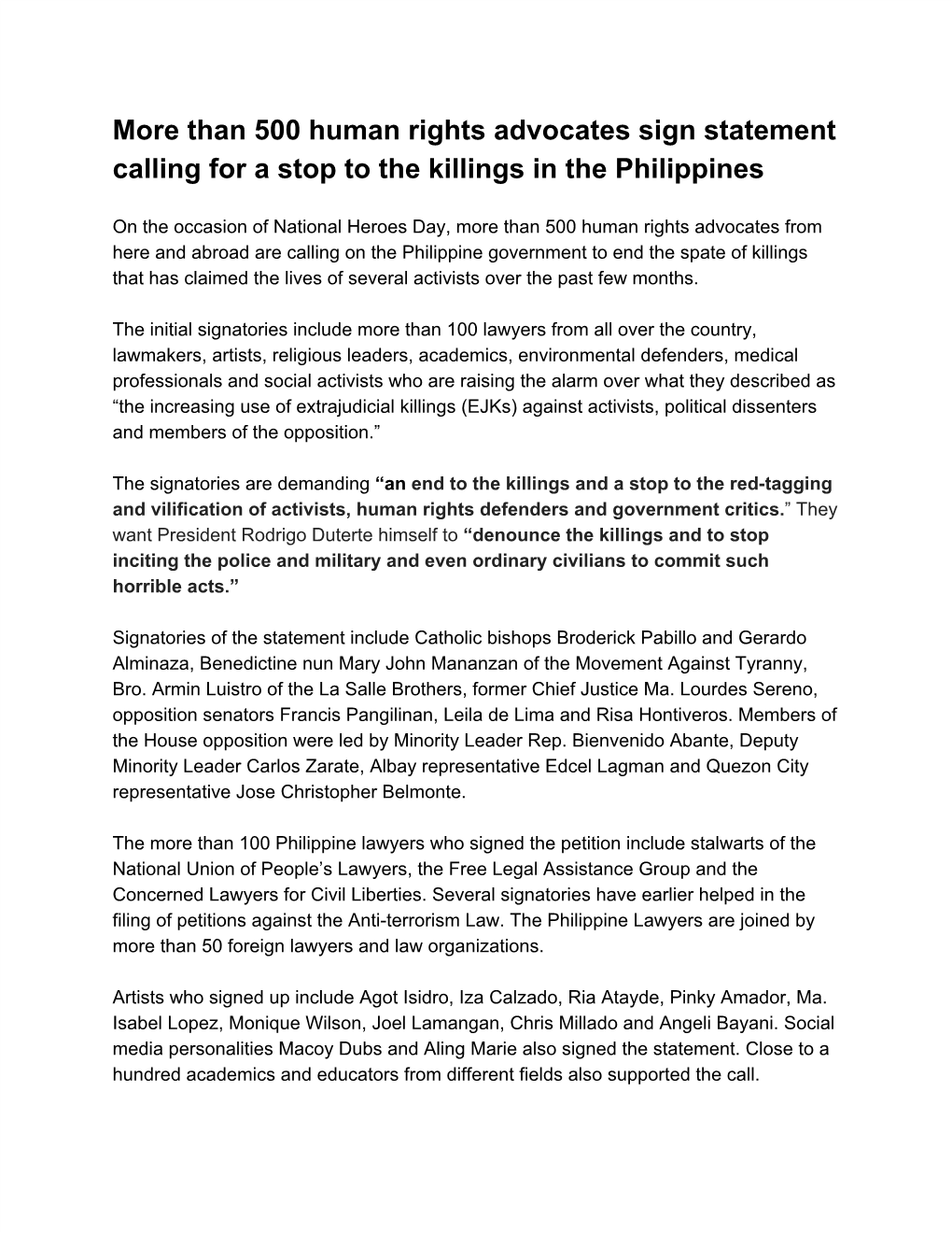 More Than 500 Human Rights Advocates Sign Statement Calling for a Stop to the Killings in the Philippines