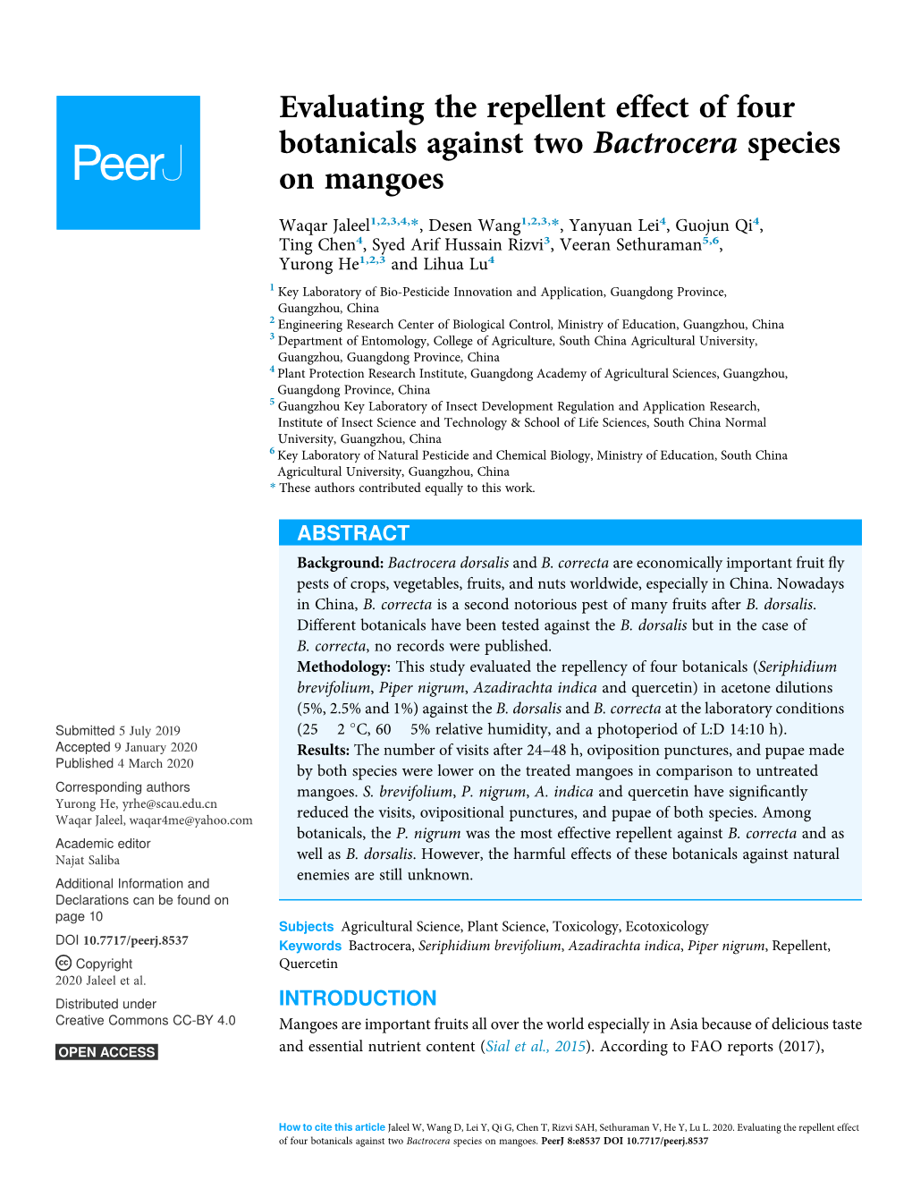 Evaluating the Repellent Effect of Four Botanicals Against Two Bactrocera Species on Mangoes