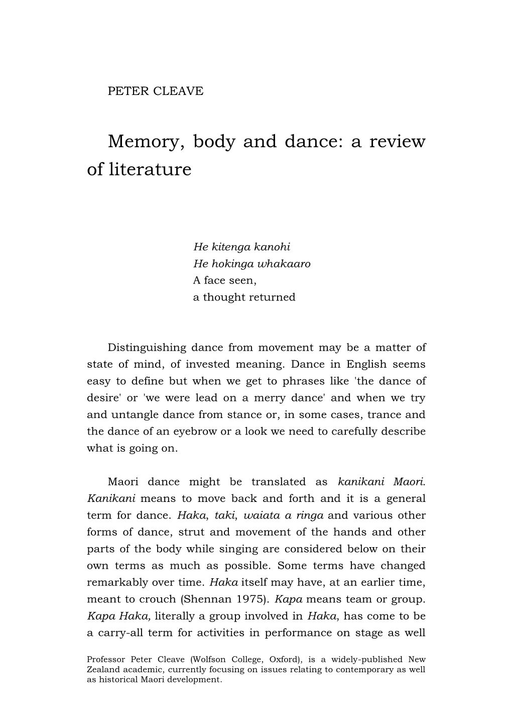 Memory, Body and Dance: a Review of Literature