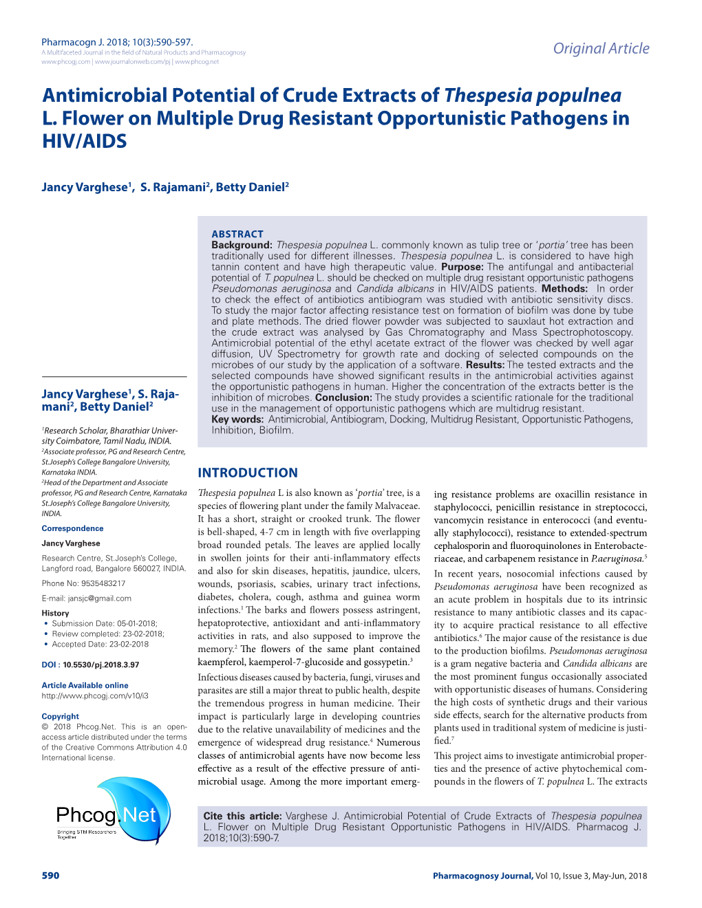 Antimicrobial Potential of Crude Extracts of Thespesia Populnea L