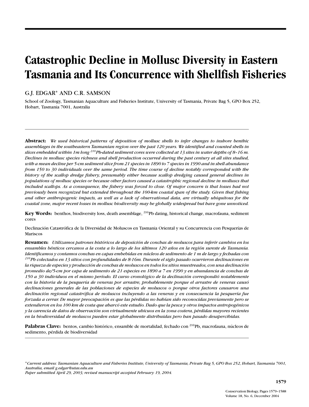 Catastrophic Decline in Mollusc Diversity in Eastern Tasmania and Its Concurrence with Shellfish Fisheries