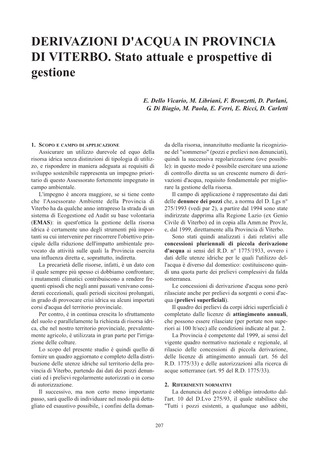 DERIVAZIONI D'acqua in PROVINCIA DI VITERBO. Stato Attuale E Prospettive Di Gestione