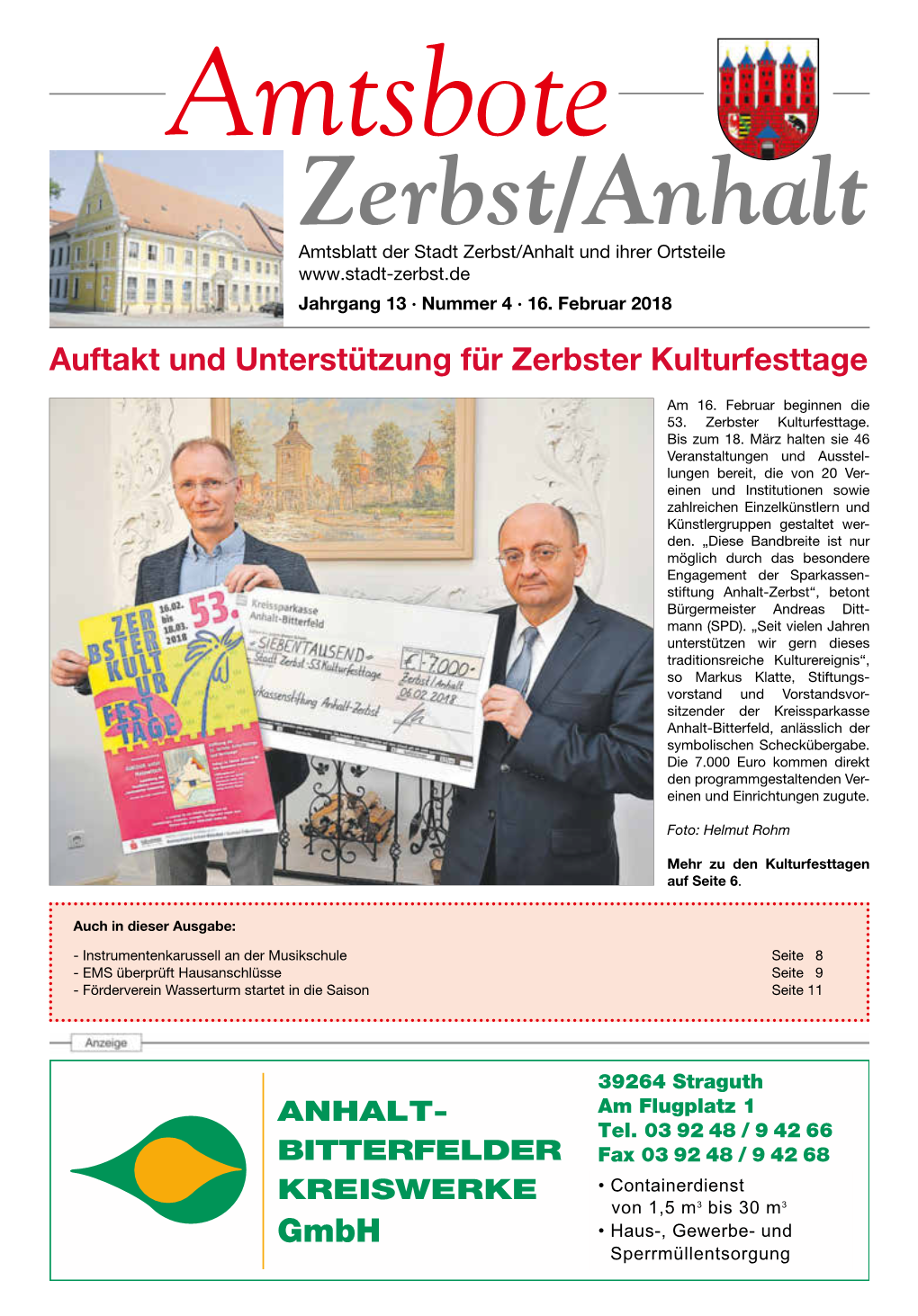 Amtsbote Zerbst/Anhalt Amtsblatt Der Stadt Zerbst/Anhalt Und Ihrer Ortsteile Jahrgang 13 · Nummer 4 · 16