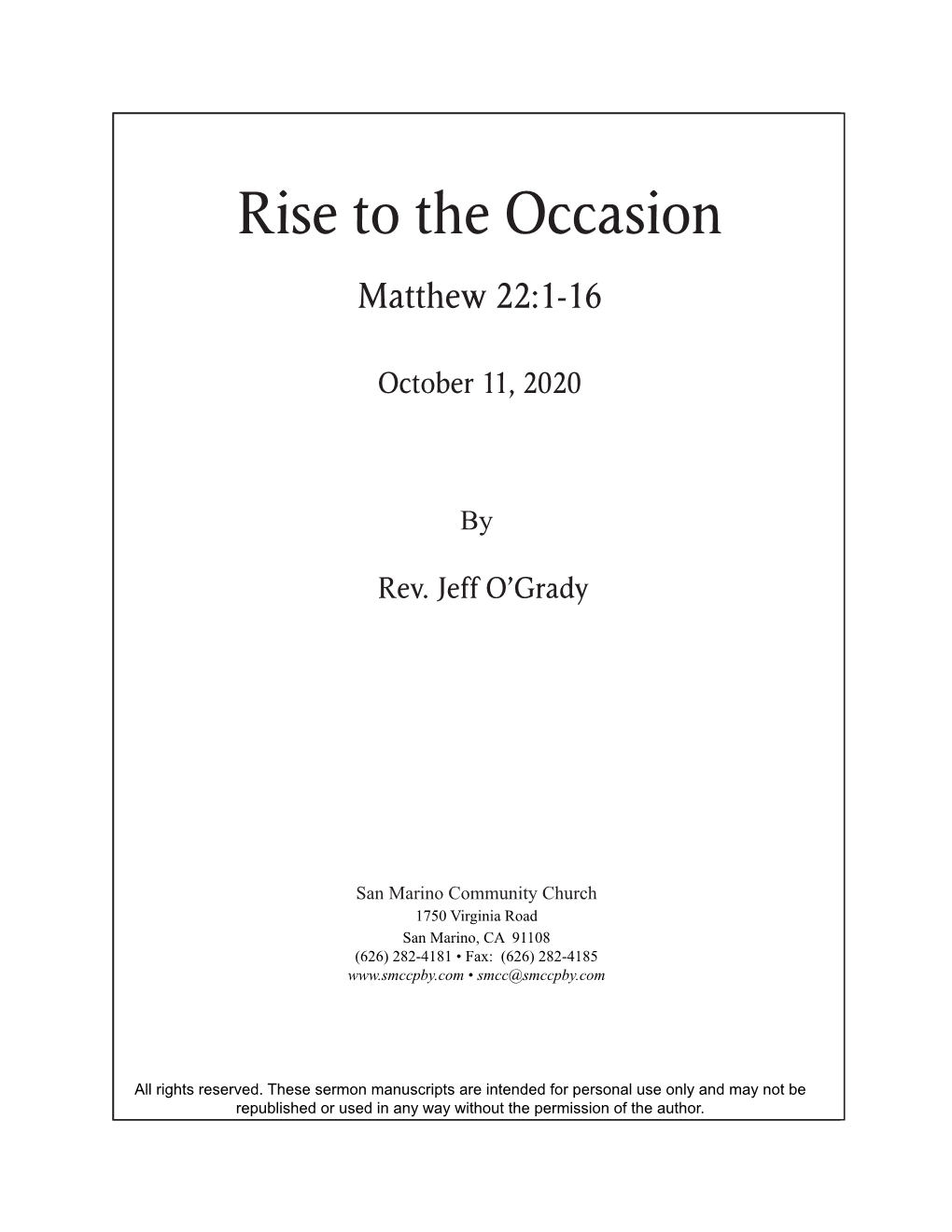 Rise to the Occasion Promises,Matthew Promises22:1-16 Ruth 1:1-18 October 11, 2020