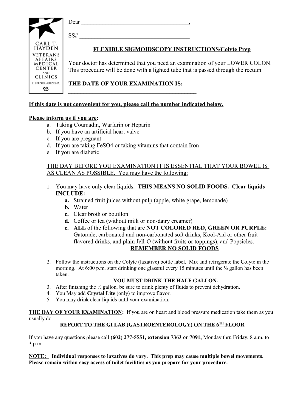 Flexible Sigmoidscopy Instructions / Colyte Prep