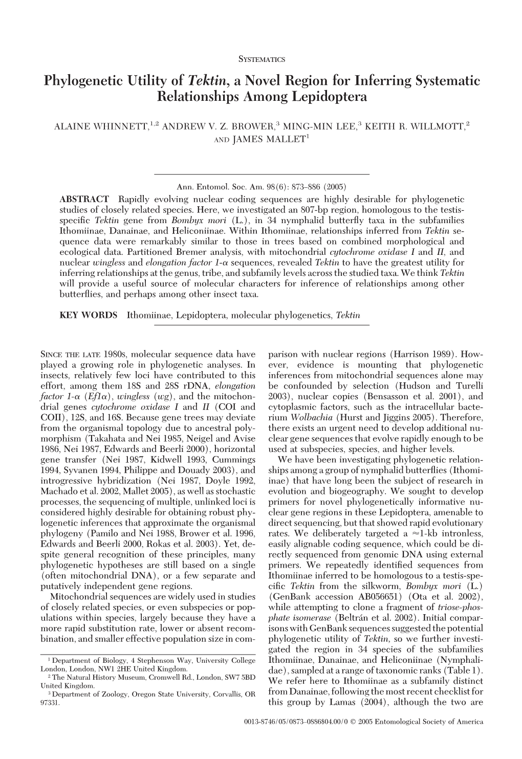 Phylogenetic Utility of Tektin, a Novel Region for Inferring Systematic Relationships Among Lepidoptera