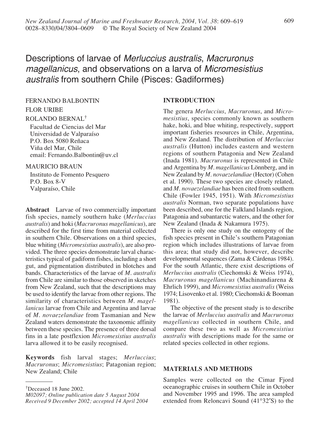 Descriptions of Larvae of Merluccius Australis, Macruronus Magellanicus, and Observations on a Larva of Micromesistius Australis