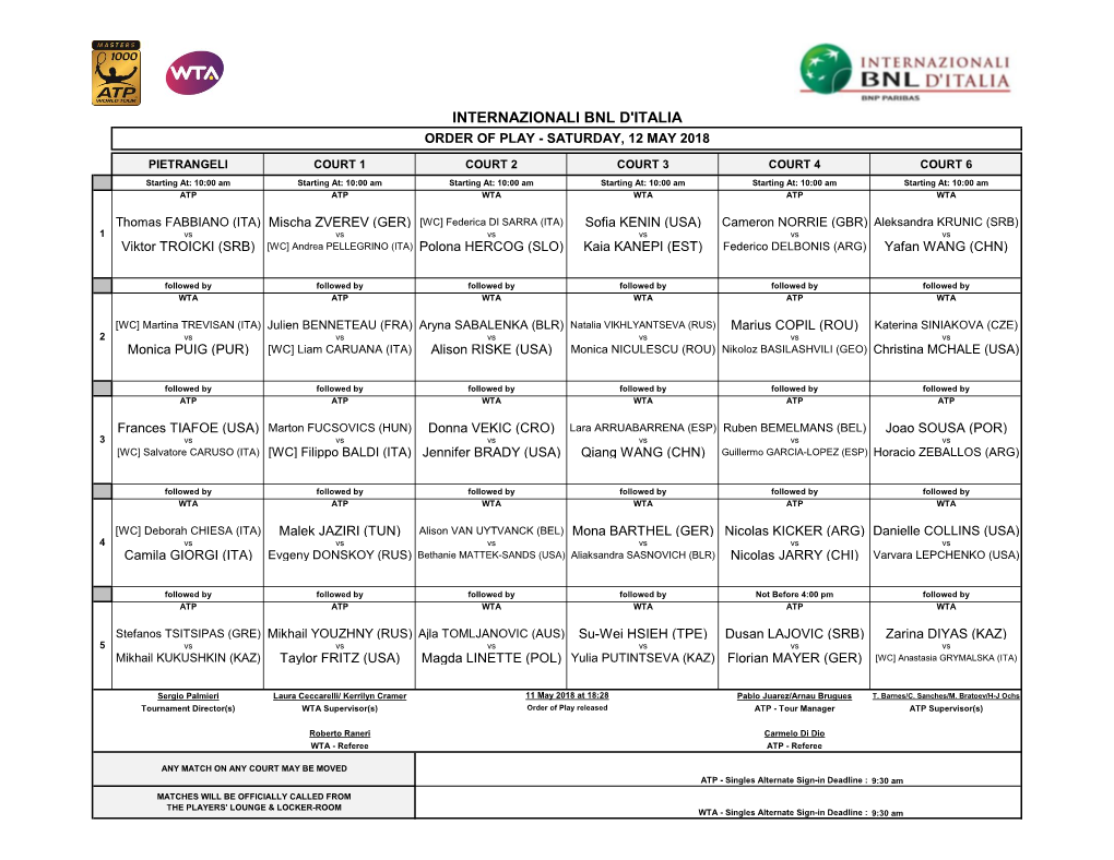 Internazionali Bnl D'italia Order of Play - Saturday, 12 May 2018