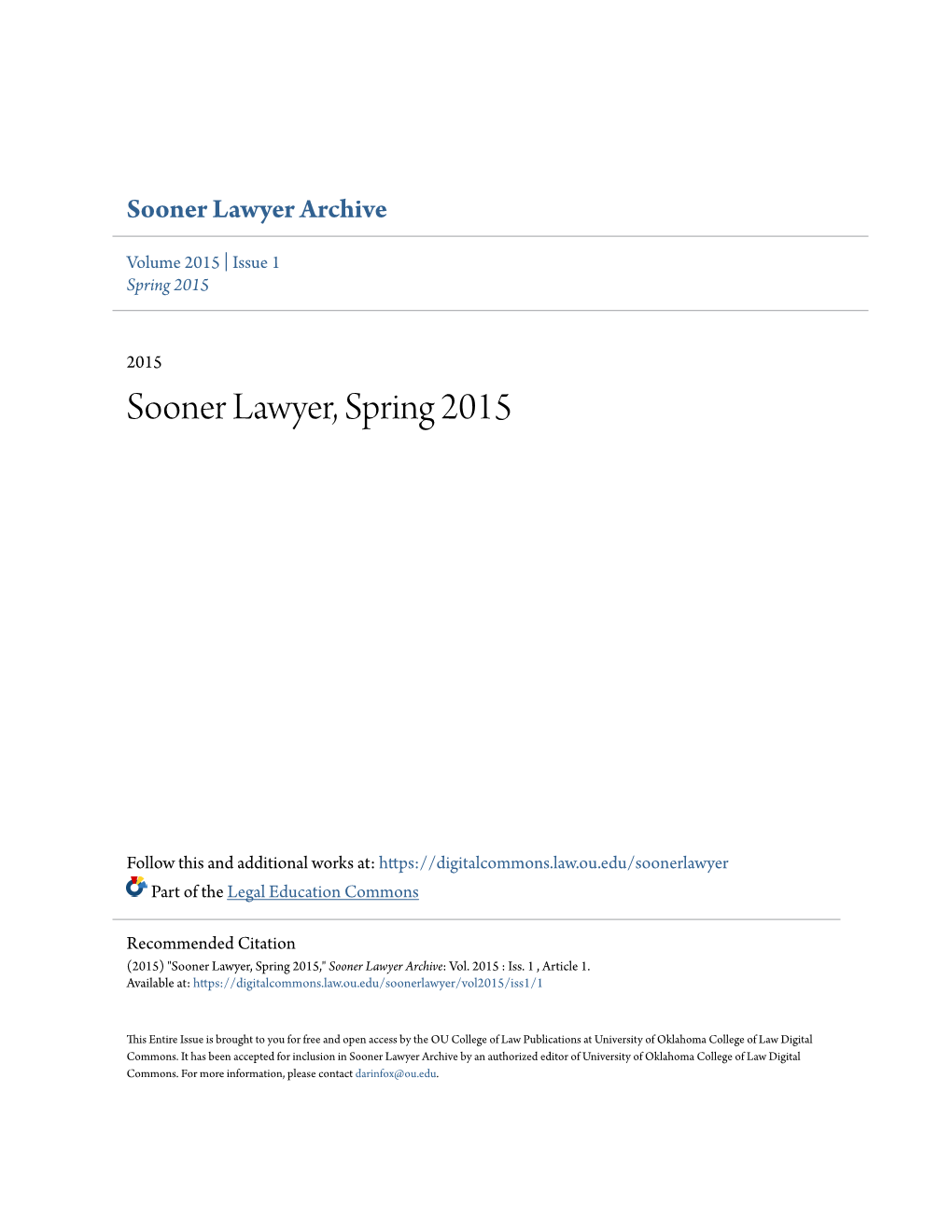 Sooner Lawyer, Spring 2015