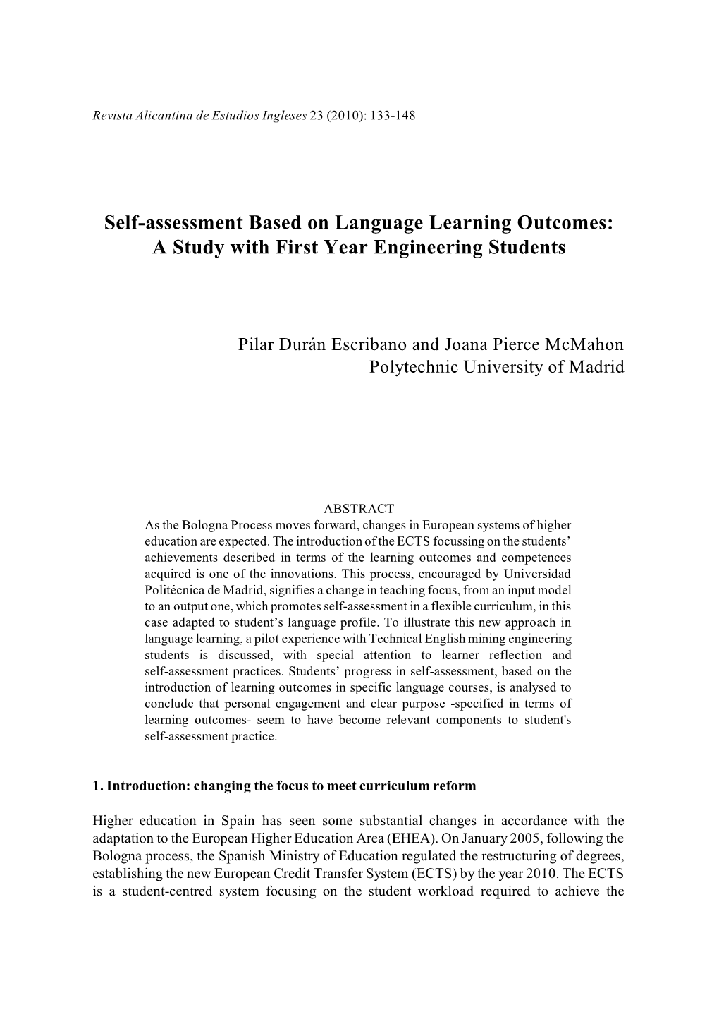 Self-Assessment Based on Language Learning Outcomes: a Study with First Year Engineering Students