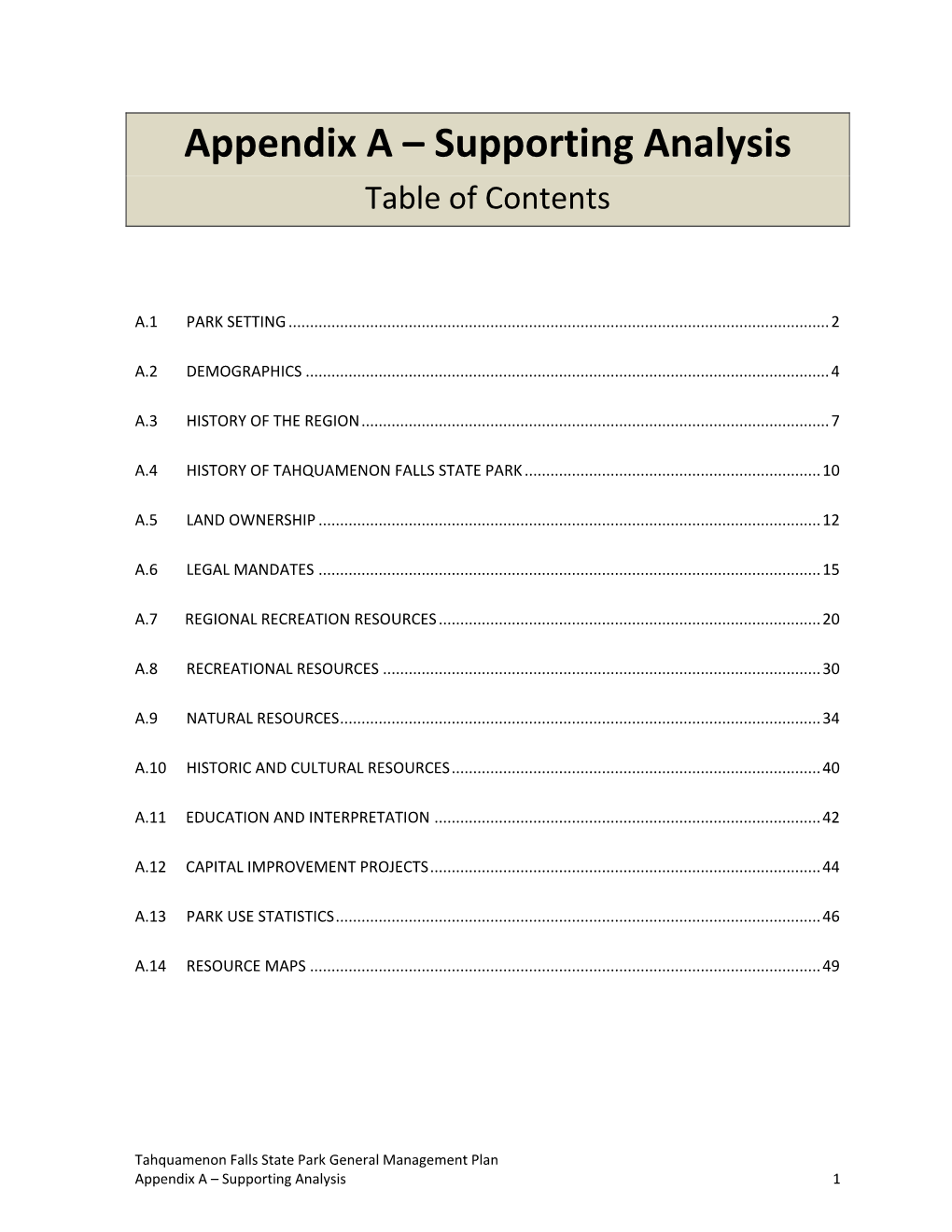 Tahquamenon Falls State Park Management Plan Appendix A