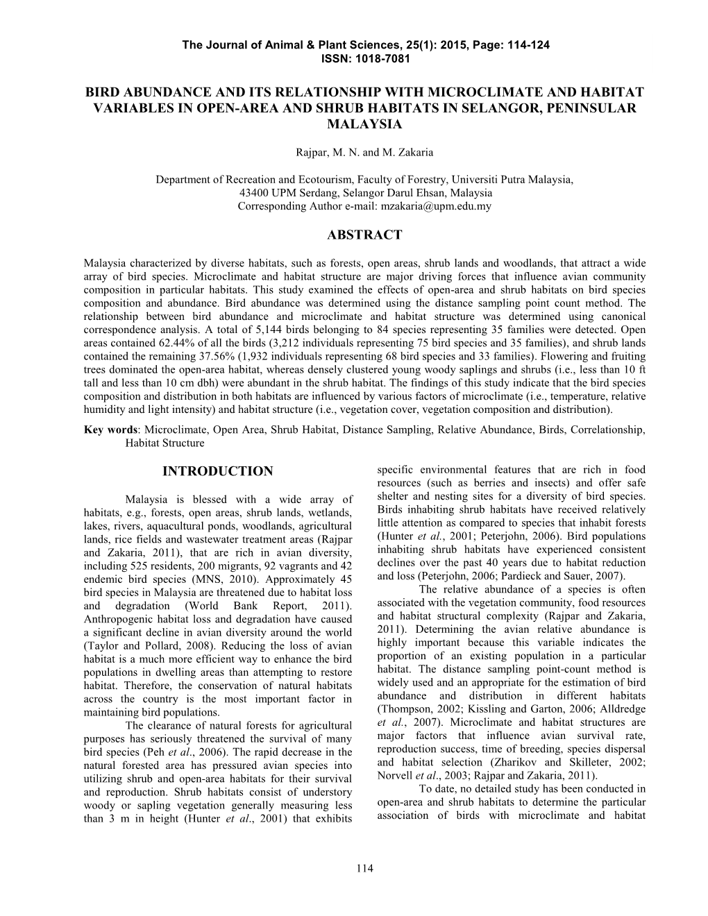 Bird Abundance and Its Relationship with Microclimate and Habitat Variables in Open-Area and Shrub Habitats in Selangor, Peninsular Malaysia