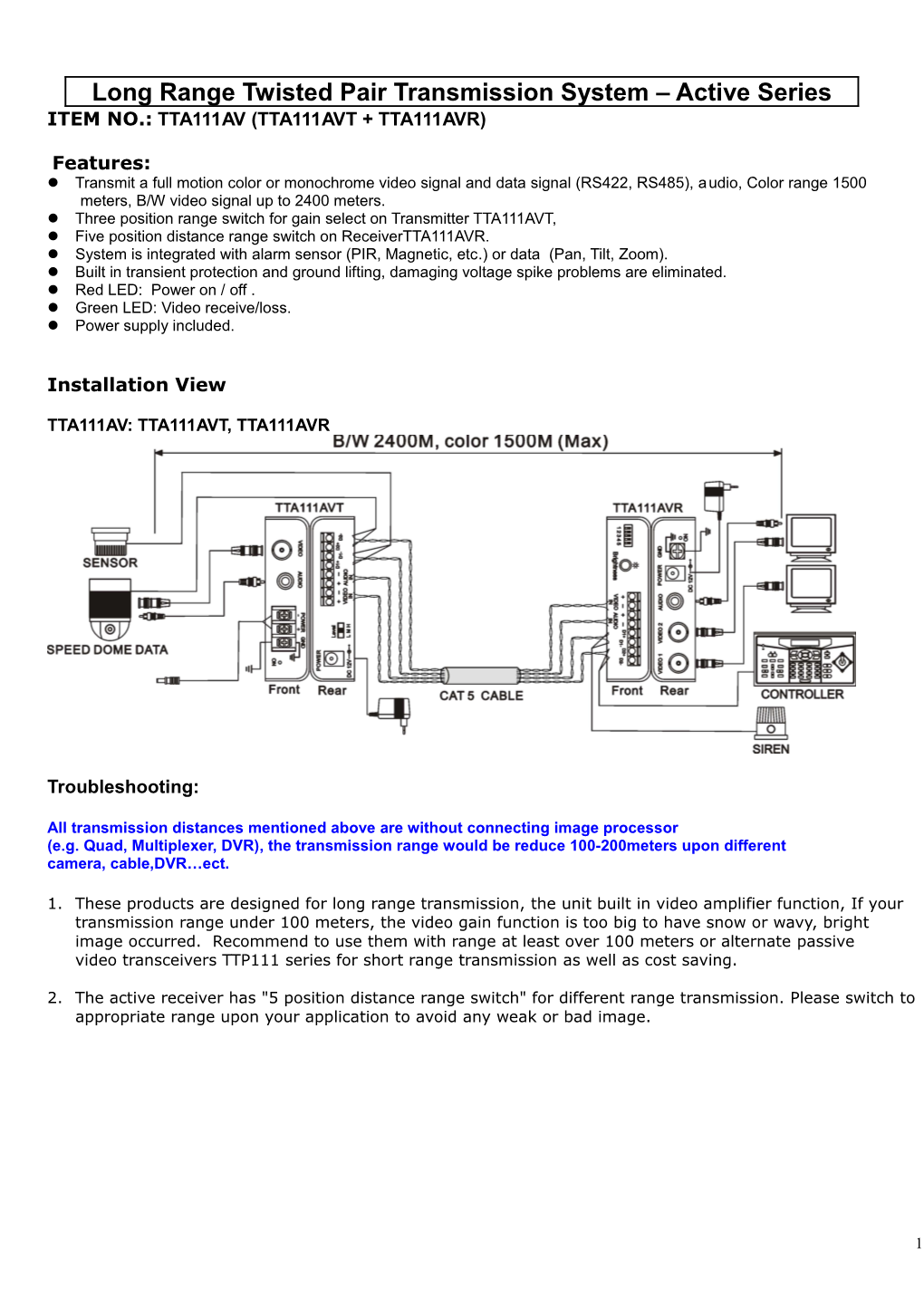 Long Distance Twisted Pair AV Transmission System