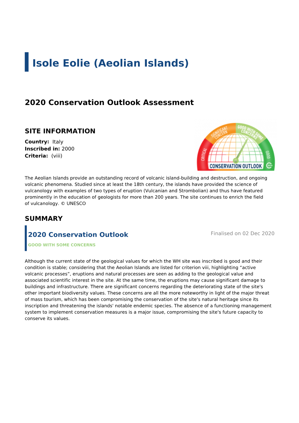 2020 Conservation Outlook Assessment