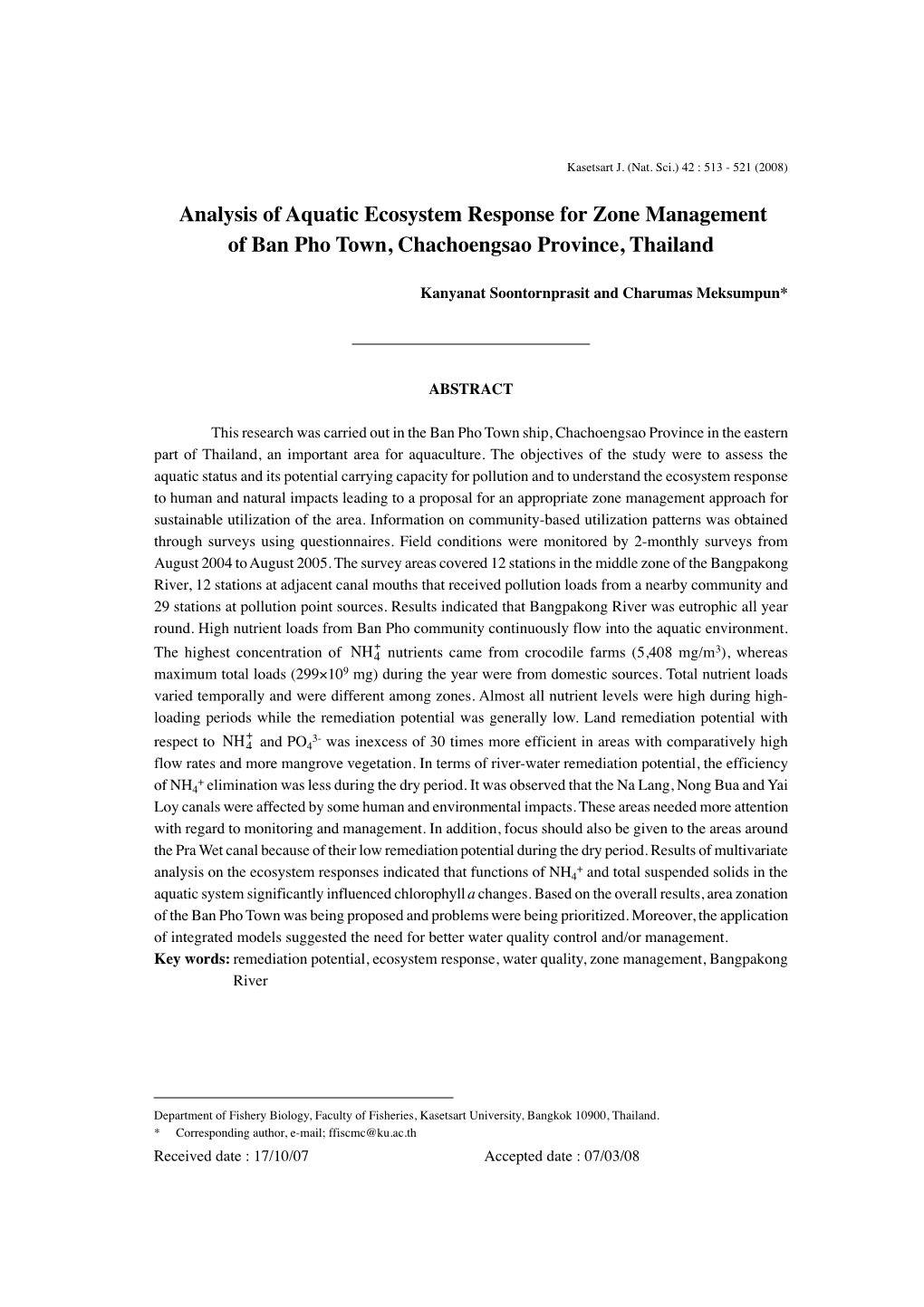 Analysis of Aquatic Ecosystem Response for Zone Management of Ban Pho Town, Chachoengsao Province, Thailand