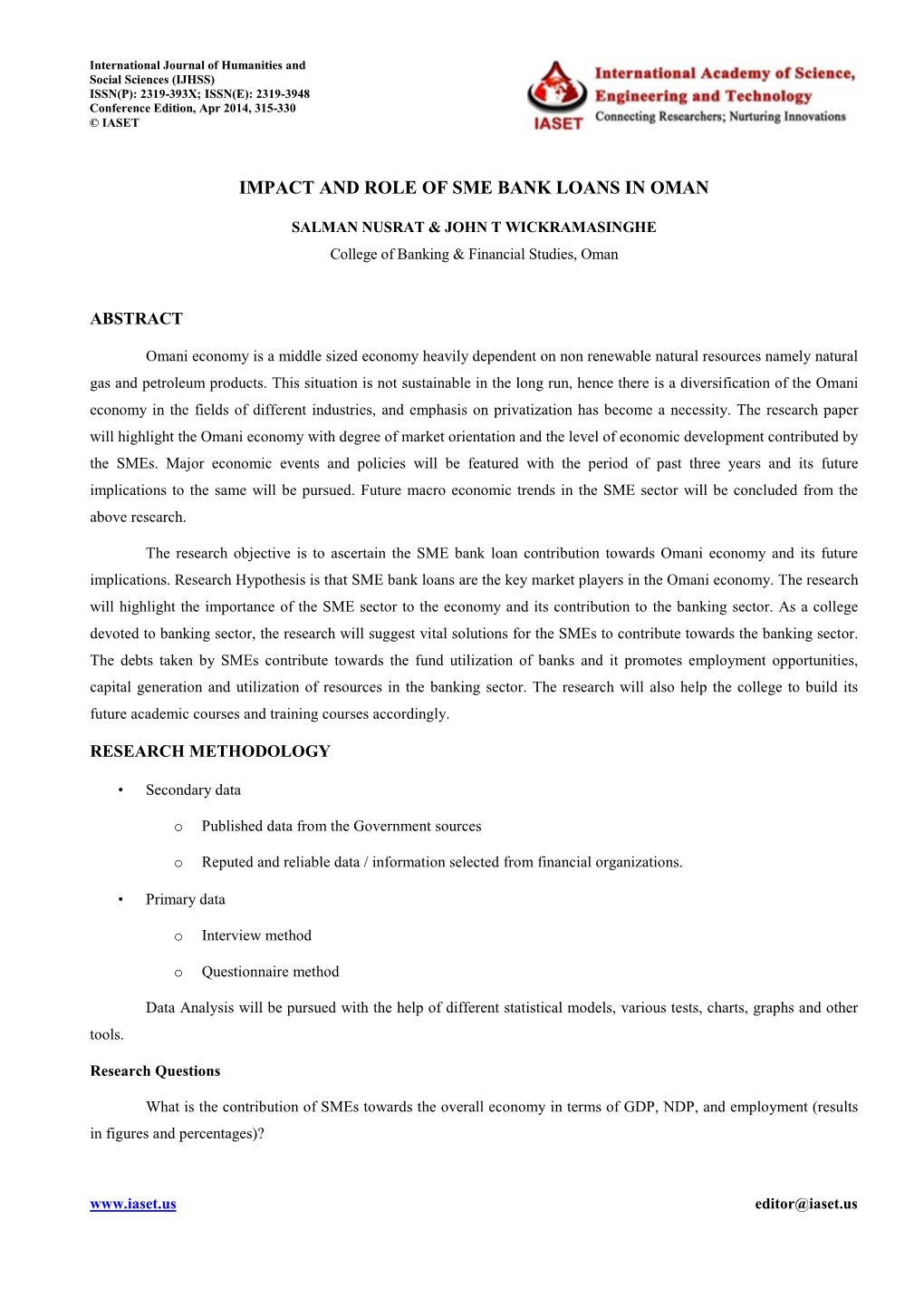 Research Title Impact and Role of SME Bank Loans in Oman