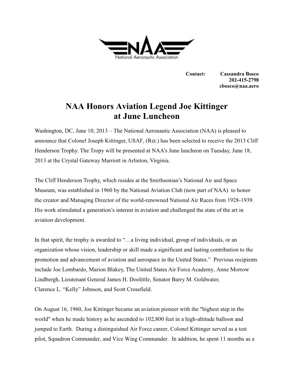 NAA Honors Aviation Legend Joe Kittinger at June Luncheon