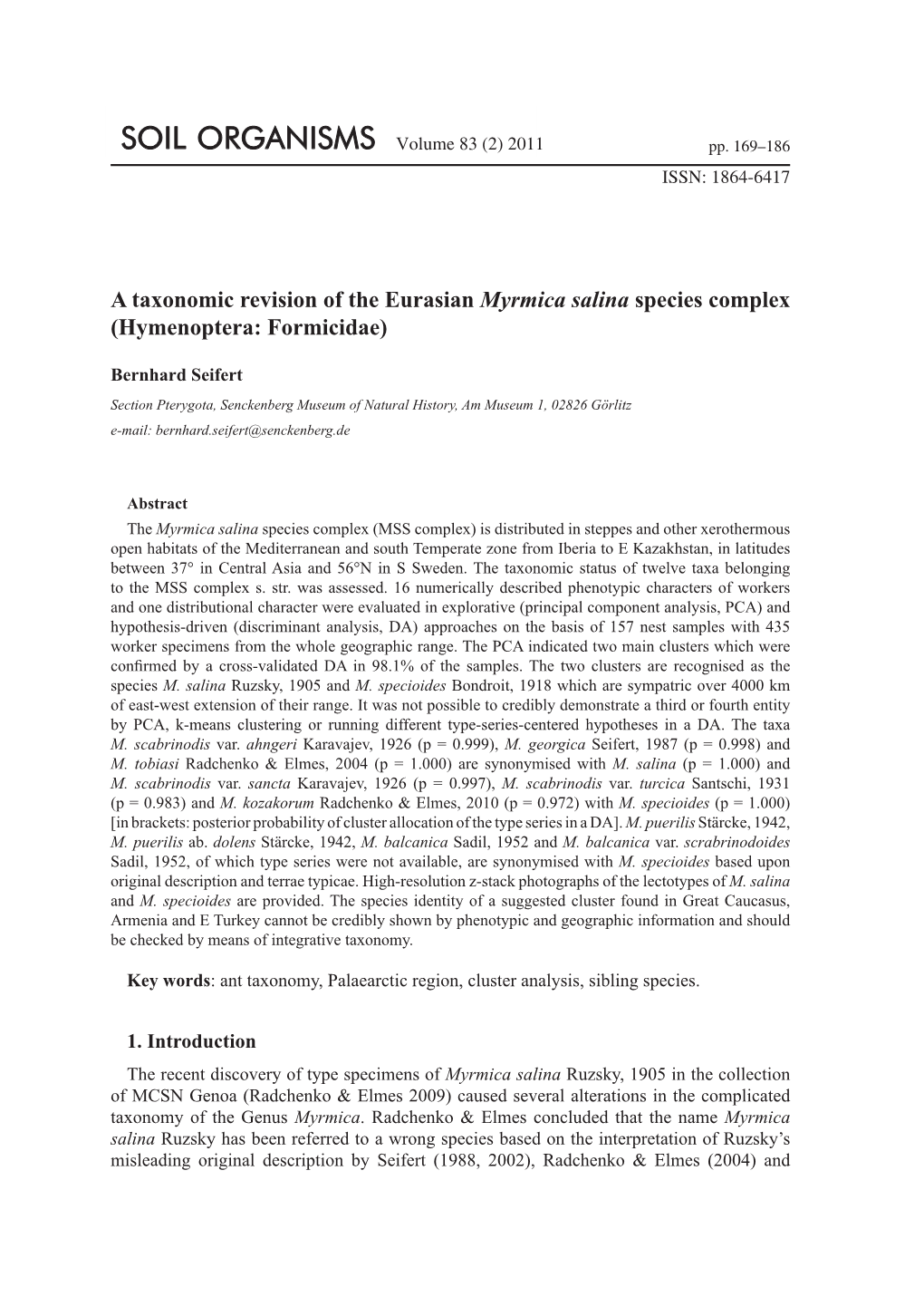 A Taxonomic Revision of the Eurasian Myrmica Salina Species Complex (Hymenoptera: Formicidae)