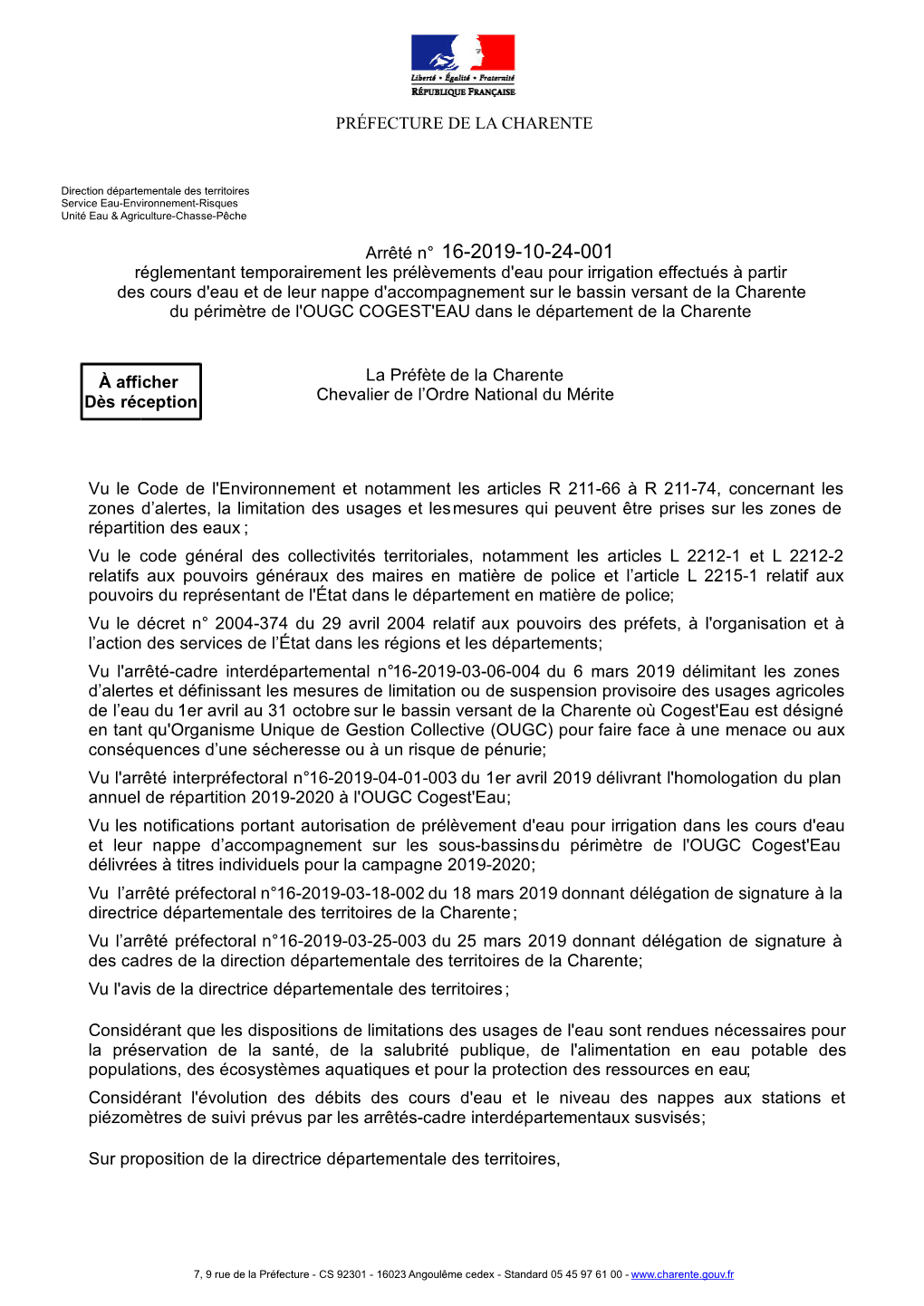 PRÉFECTURE DE LA CHARENTE Arrêté N° Réglementant