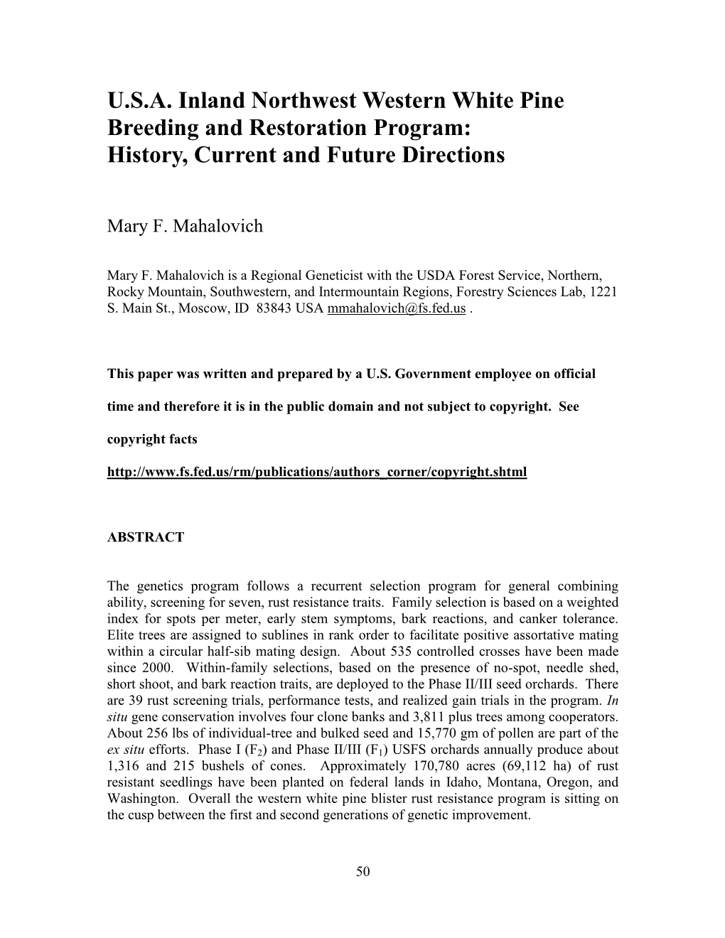 USA Inland Northwest Western White Pine Breeding and Restoration