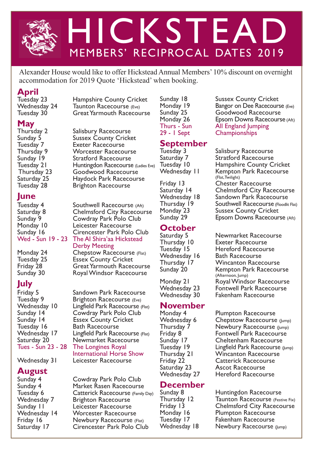 Members' Reciprocal Dates 2019