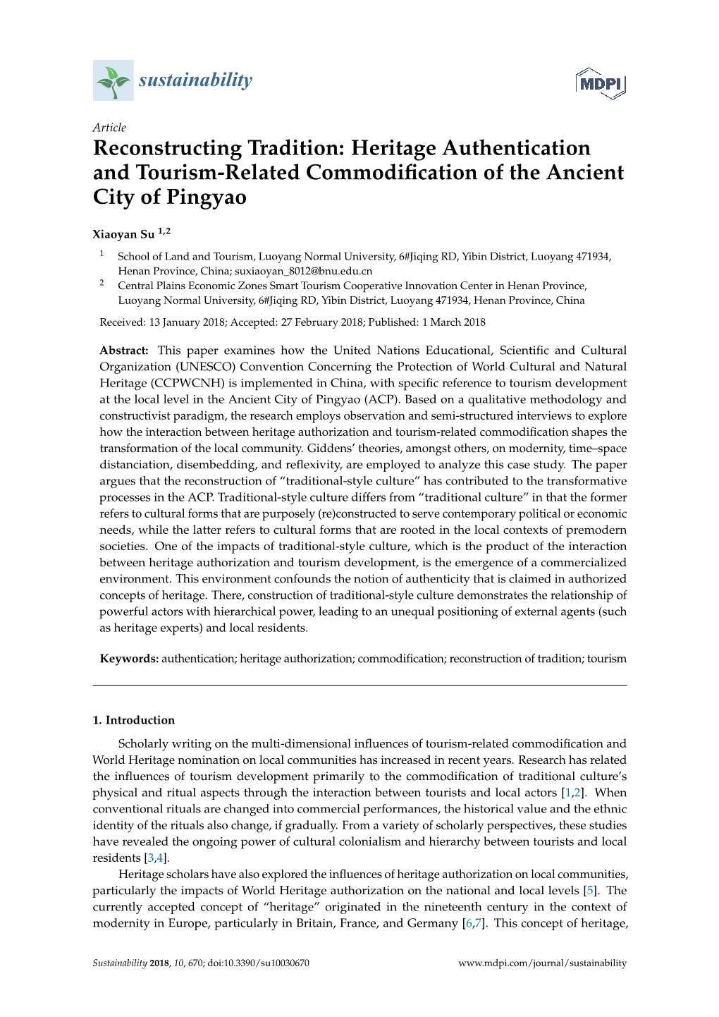Heritage Authentication and Tourism-Related Commodiﬁcation of the Ancient City of Pingyao