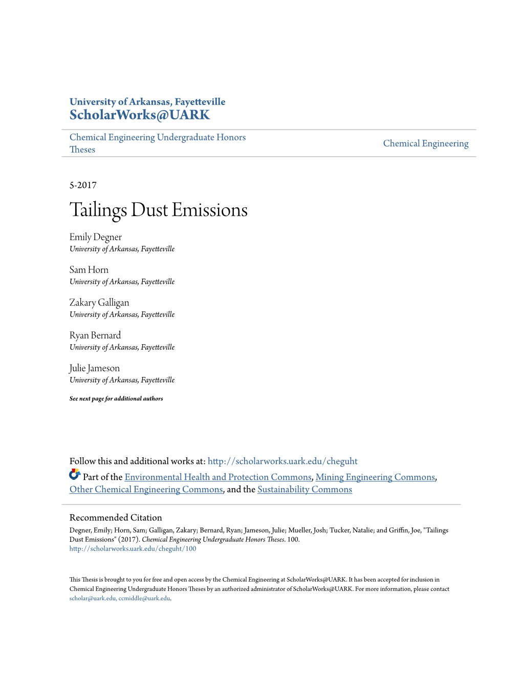 Tailings Dust Emissions Emily Degner University of Arkansas, Fayetteville