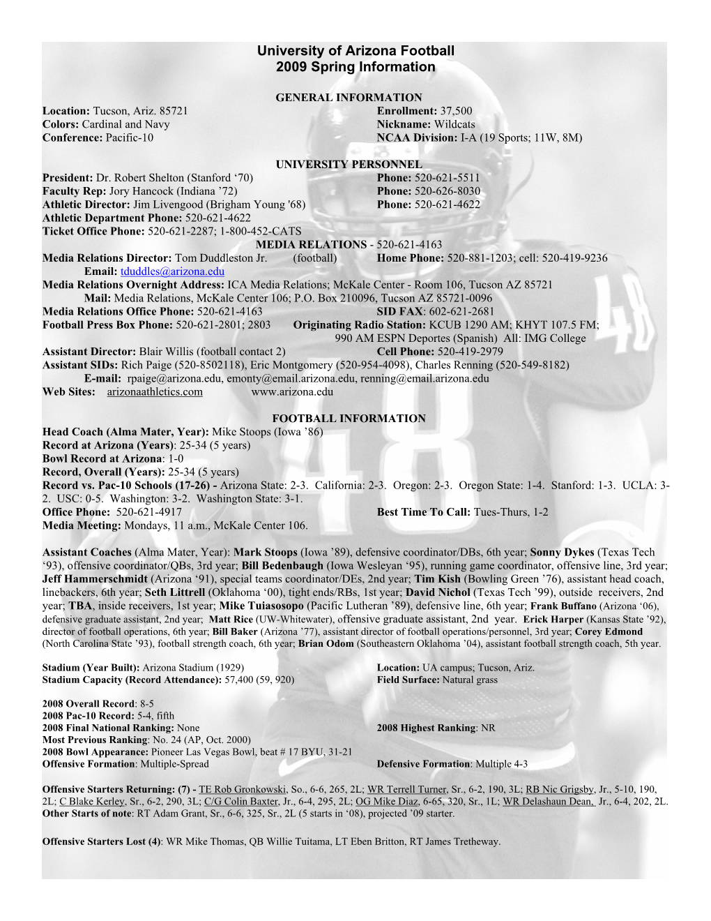 University of Arizona Football 2009 Spring Information