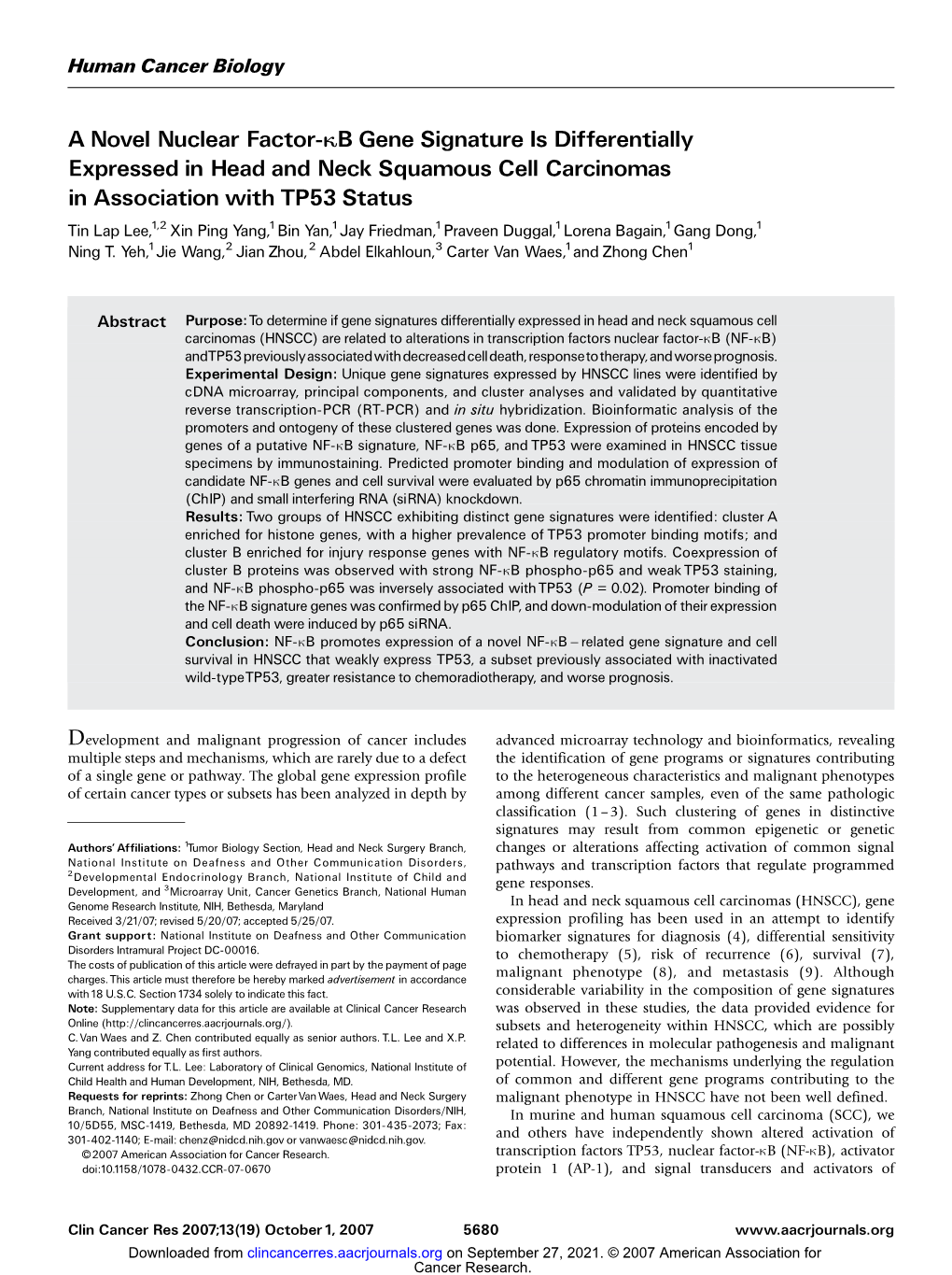 A Novel Nuclear Factor-KB Gene Signature Is Differentially