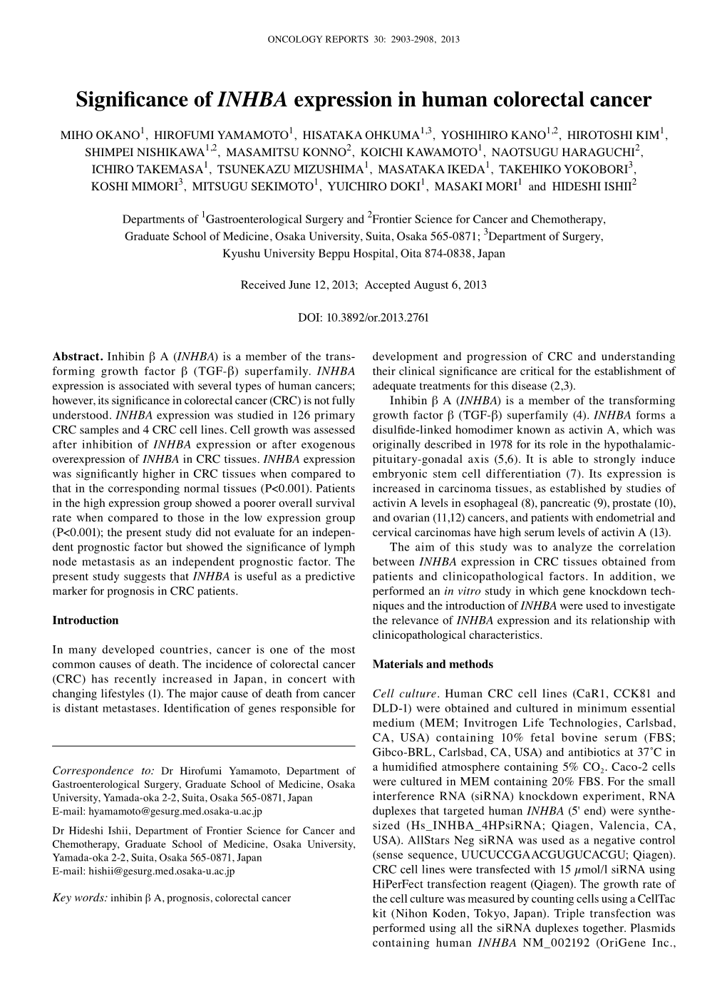 Significance of INHBA Expression in Human Colorectal Cancer