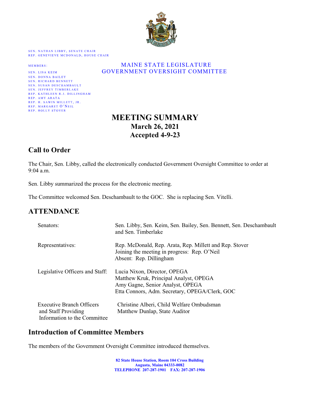 MEETING SUMMARY March 26, 2021 Accepted 4-9-23