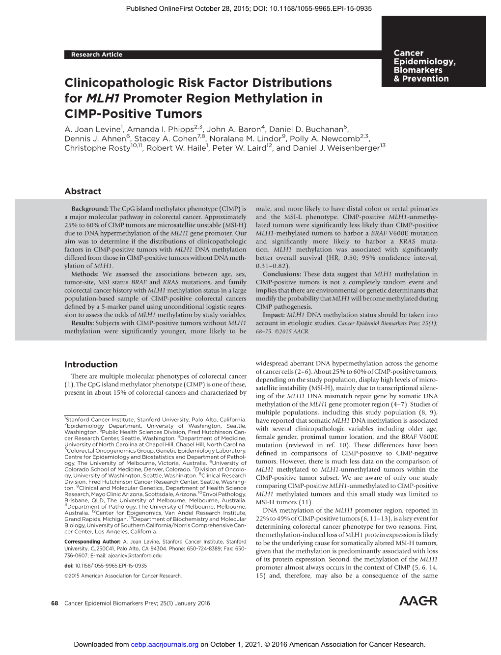 Clinicopathologic Risk Factor Distributions for MLH1 Promoter Region Methylation in CIMP-Positive Tumors
