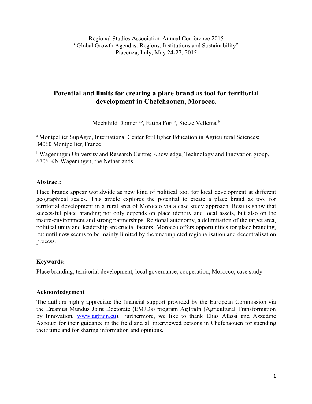 Potential and Limits for Creating a Place Brand As Tool for Territorial Development in Chefchaouen, Morocco