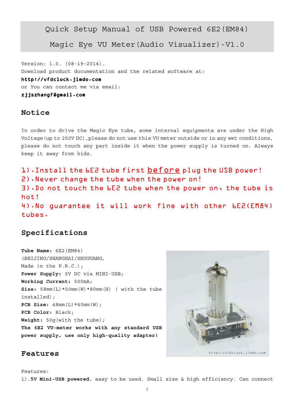 Quick Setup Manual of USB Powered 6E2(EM84) Magic Eye VU Meter(Audio Visualizer)-V1.0