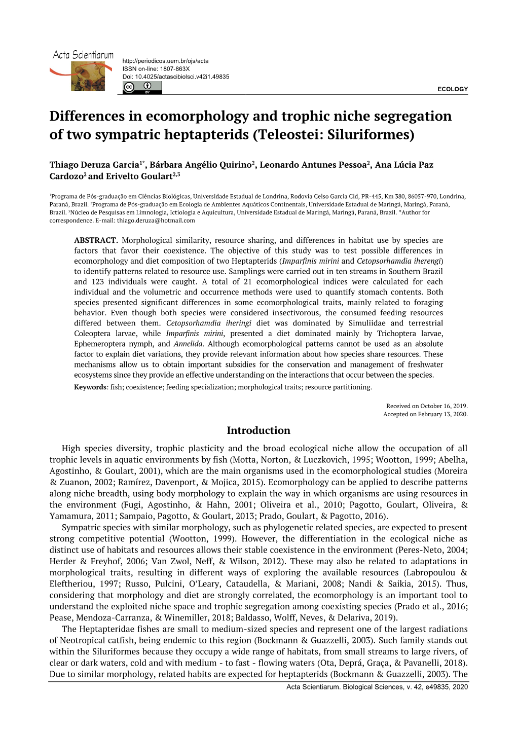 Differences in Ecomorphology and Trophic Niche Segregation of Two Sympatric Heptapterids (Teleostei: Siluriformes)