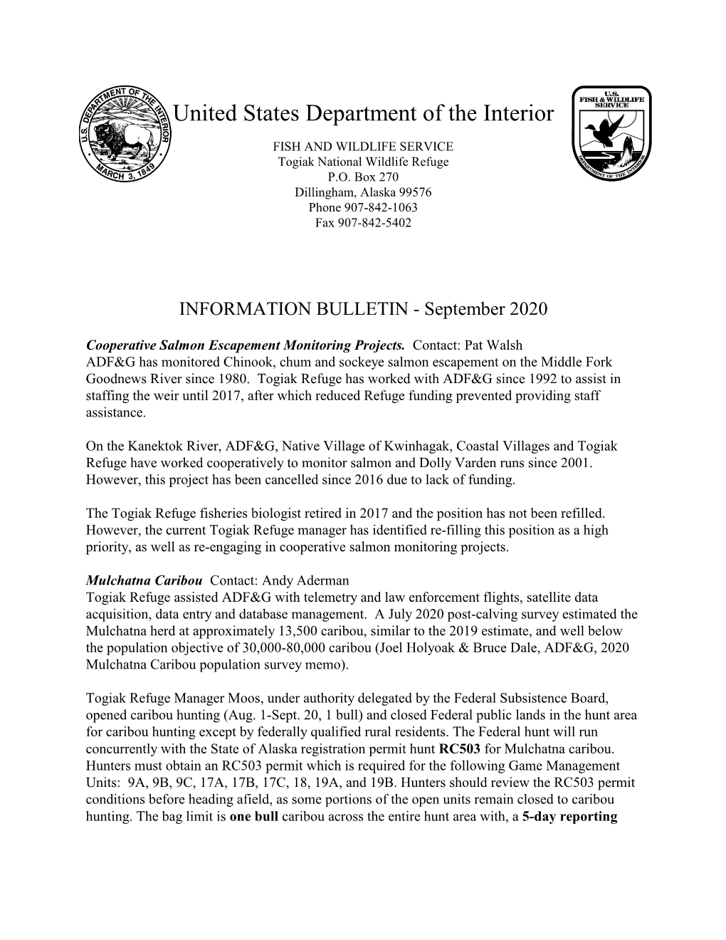 Togiak National Wildlife Refuge Information Bulletin – September 2020