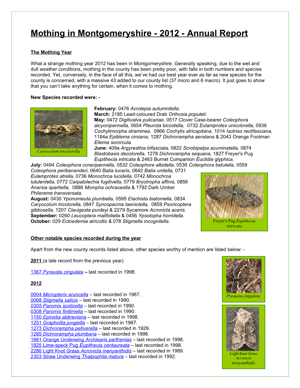 Mothing in Montgomeryshire - 2012 - Annual Report